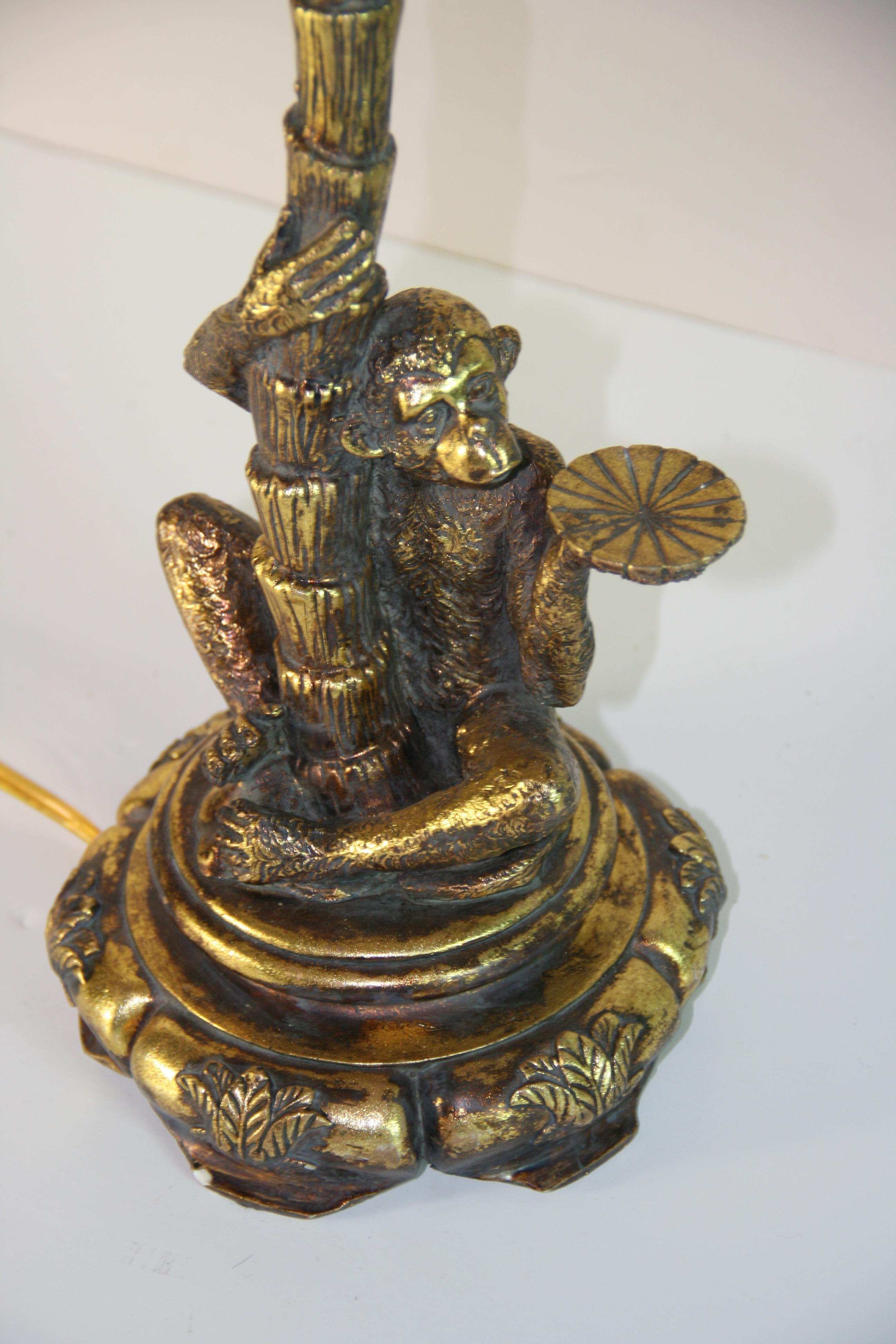 Monkey Climbing Palm Tree  Gilt Table Lamp. For Sale 4
