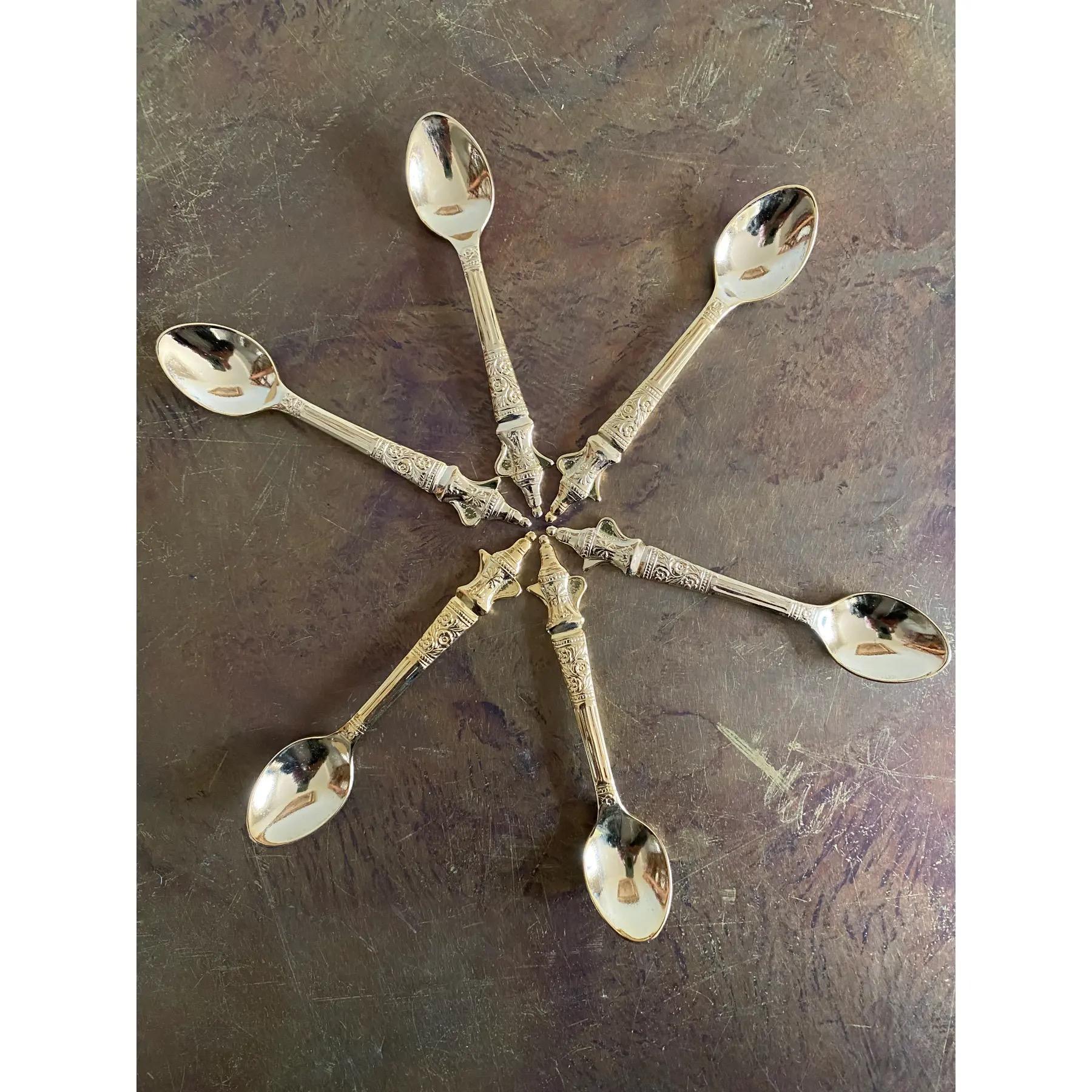 Hand-Crafted Palm Tree Gold-Plated Demitasse Spoons, Set of 6 (Japan) For Sale
