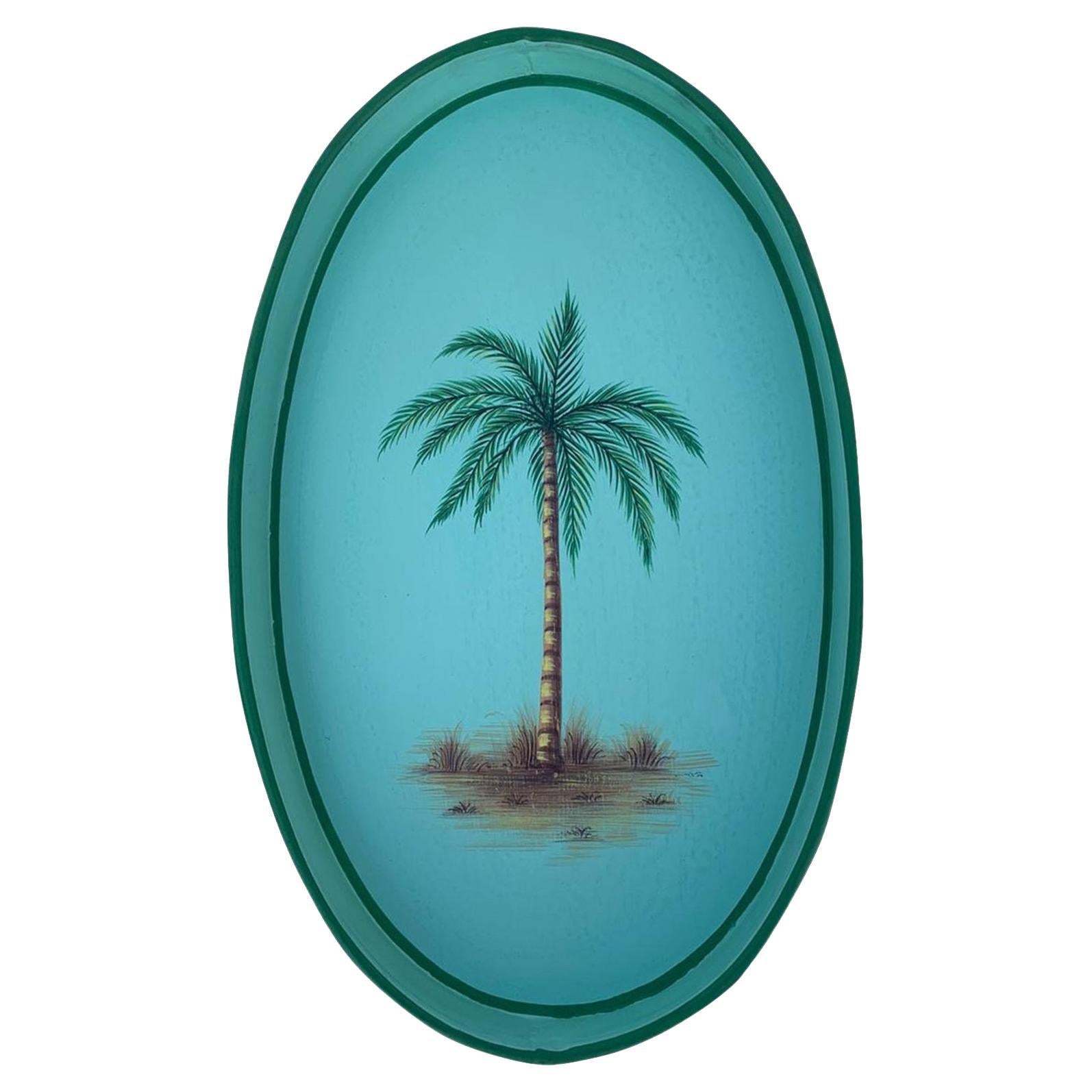 Palm Tree Handpainted Iron Tray For Sale