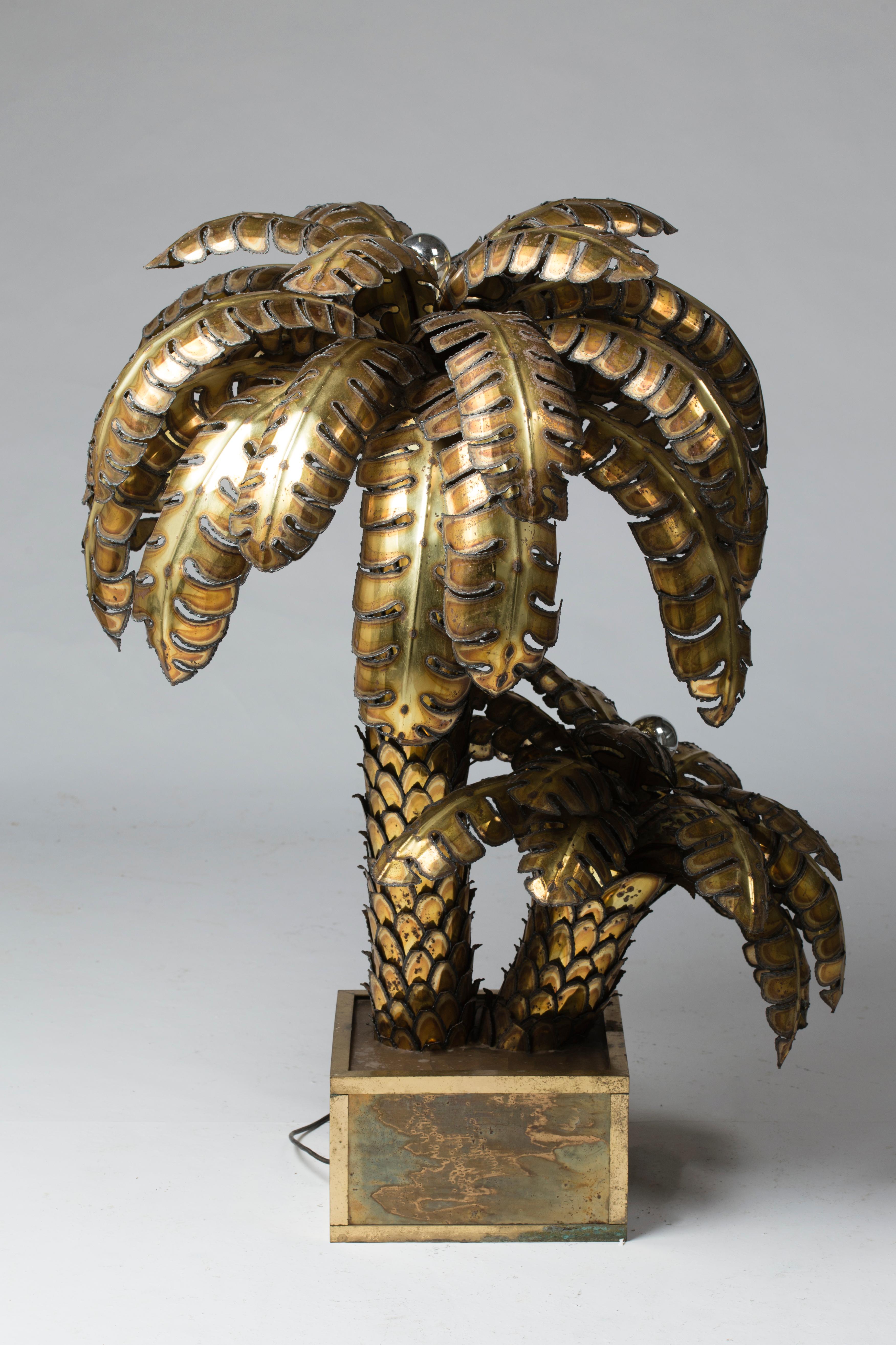 Brass Palm Tree Lamp with Two Heads, Maison Honoré, Paris, 1970 For Sale