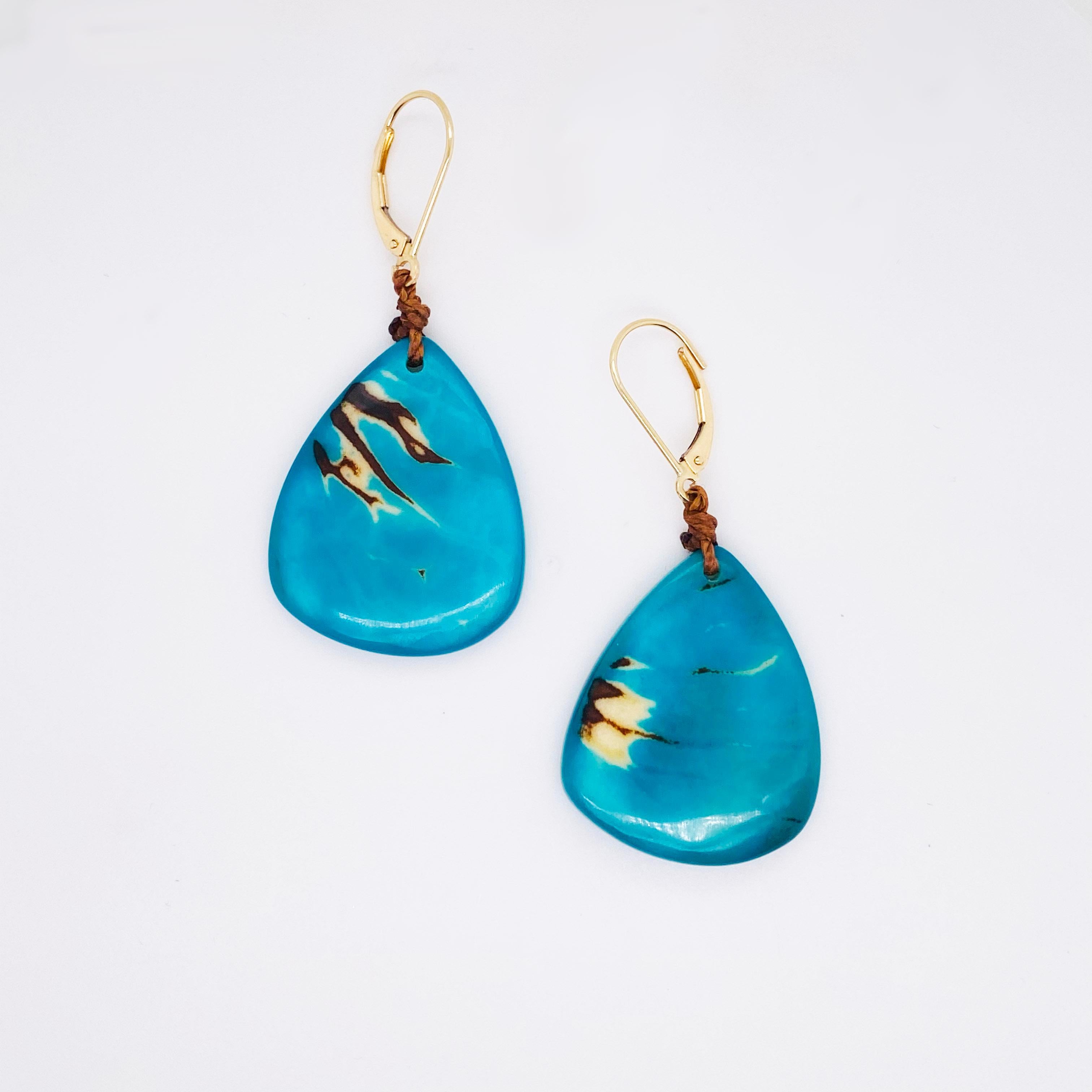 Arts and Crafts Palm Tree Nut Dangle Earrings in 14k Yellow Gold, Turquoise Nut from Rainforest For Sale