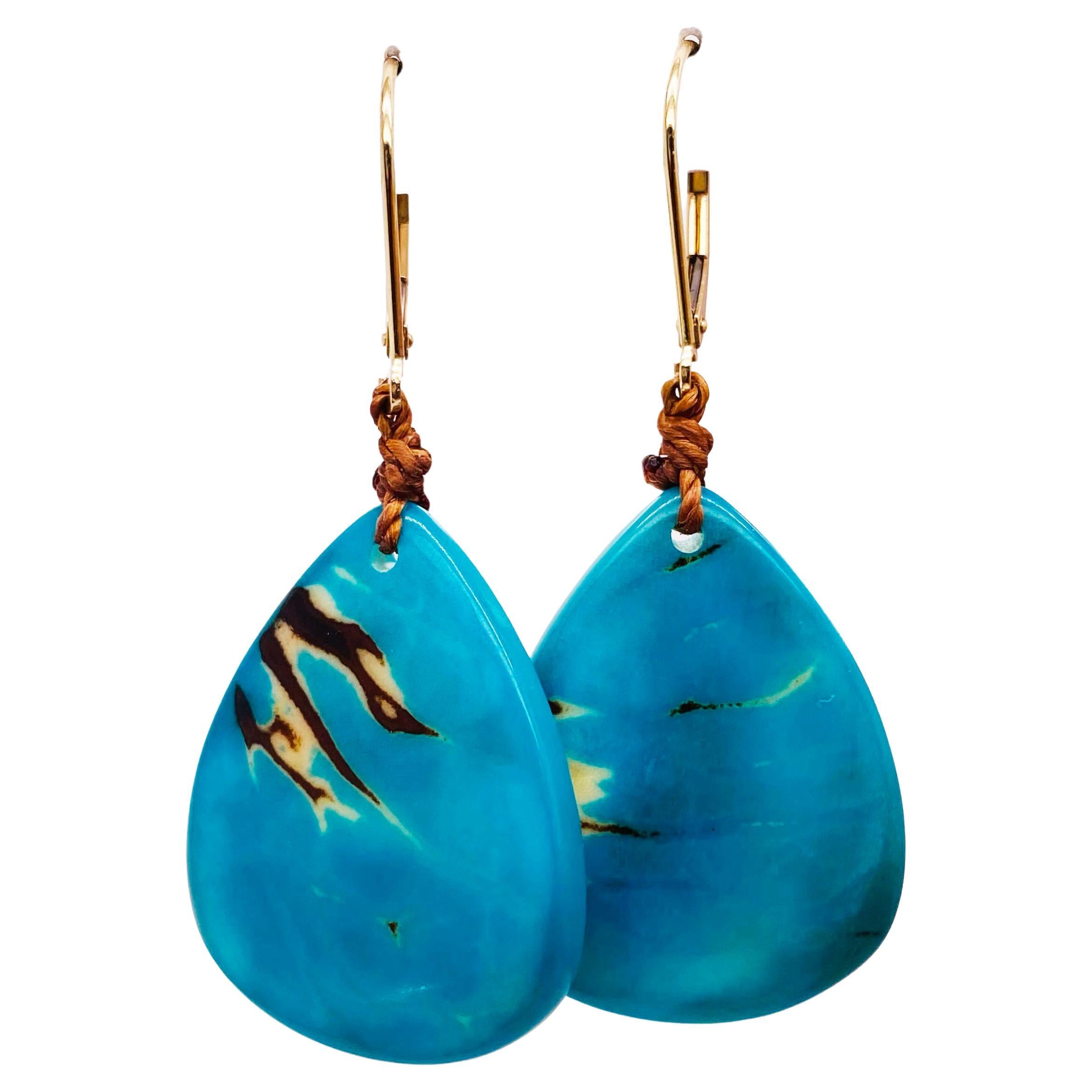 Palm Tree Nut Dangle Earrings in 14k Yellow Gold, Turquoise Nut from Rainforest For Sale