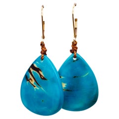 Palm Tree Nut Dangle Earrings in 14k Yellow Gold, Turquoise Nut from Rainforest
