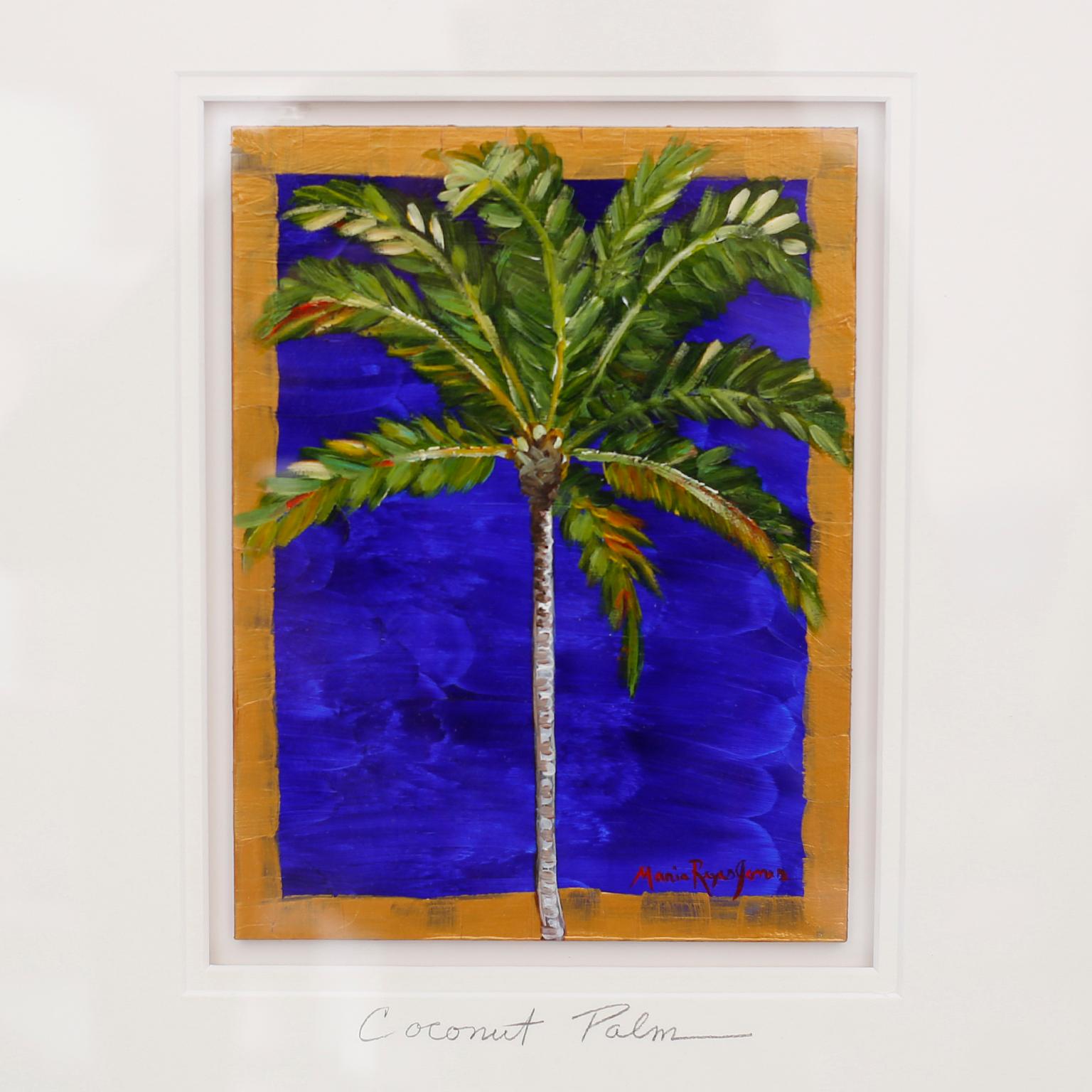 Striking acrylic painting on board of a coconut palm tree executed with a deep bold palette, signed by the noted artist Maria Reyes Jones. Presented under glass in a museum quality gold leaf wood frame.