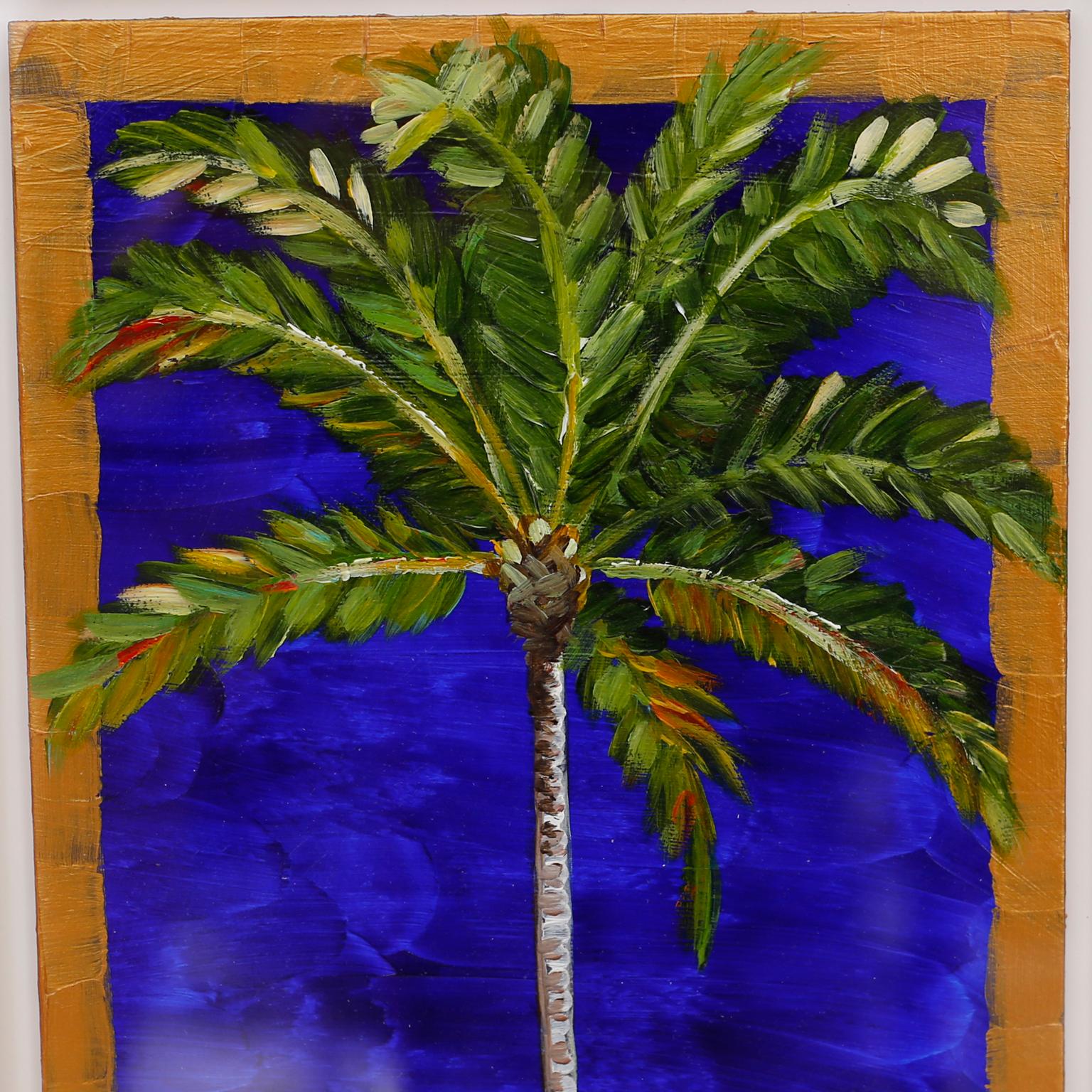 British Colonial Palm Tree Painting on Board by Maria Reyes Jones