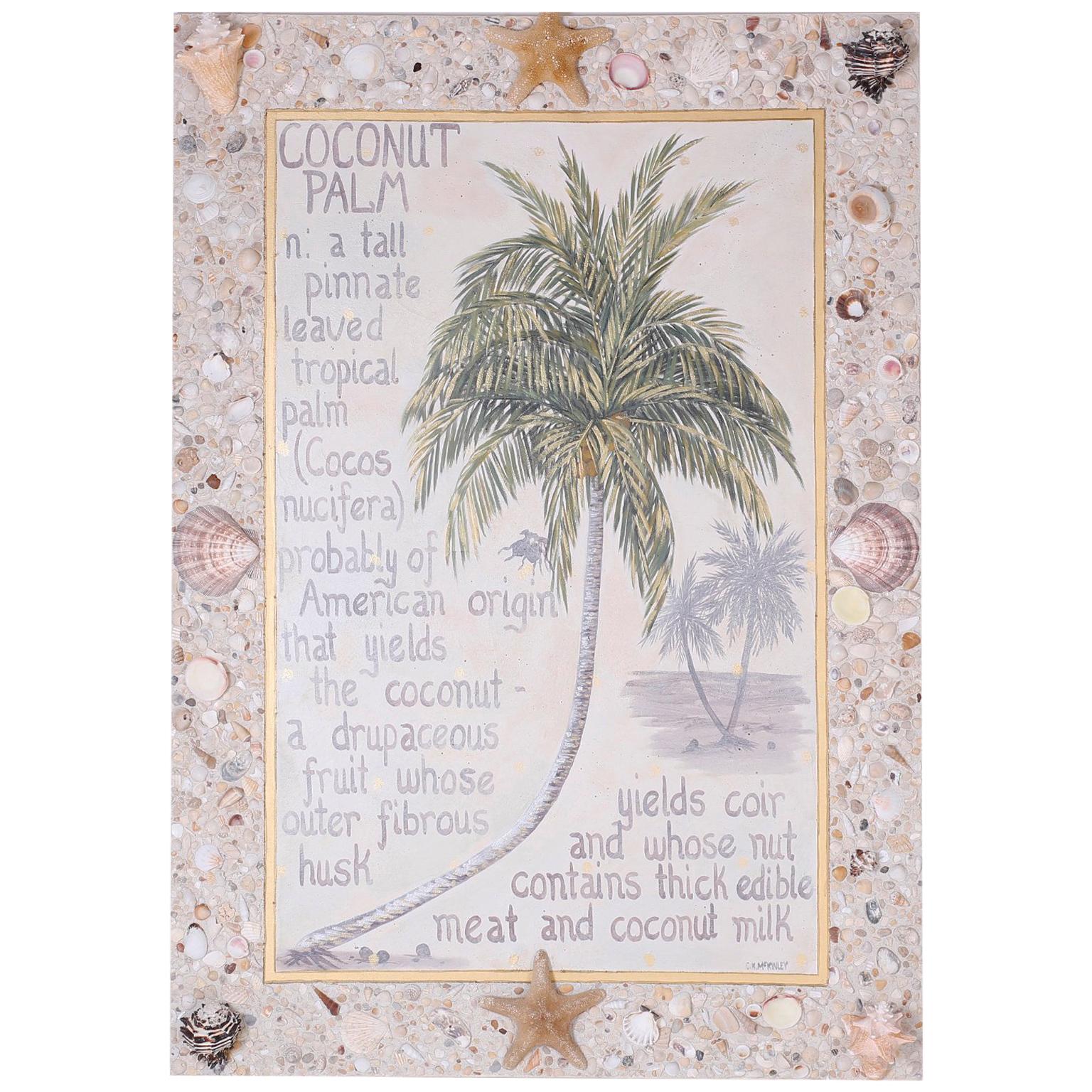 Palmenbaum, Gemälde auf Leinwand mit Muschelrahmen