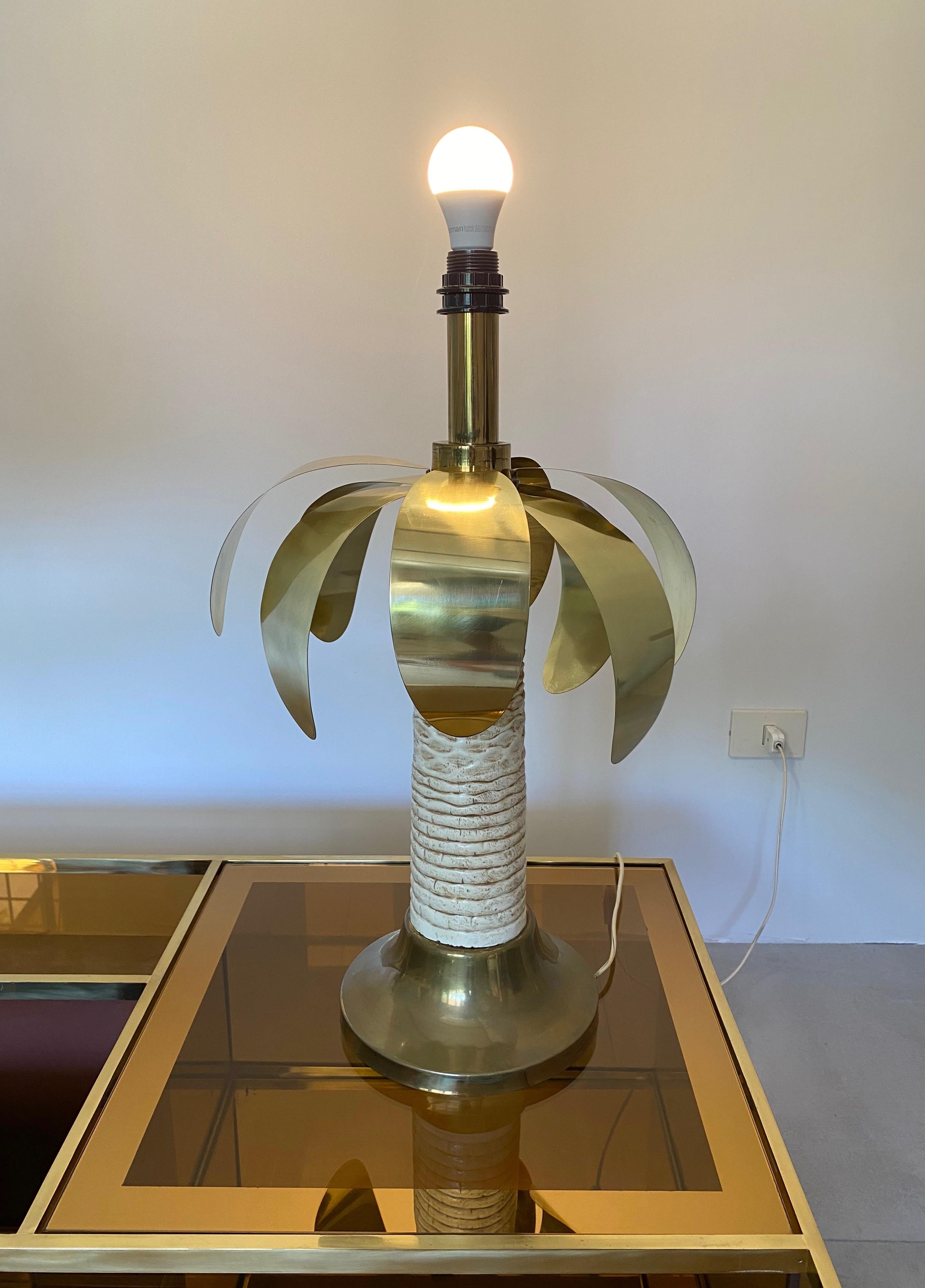 Italian Palm Tree Shaped Brass and White Resin Table Lamp, Italy, 1970s For Sale
