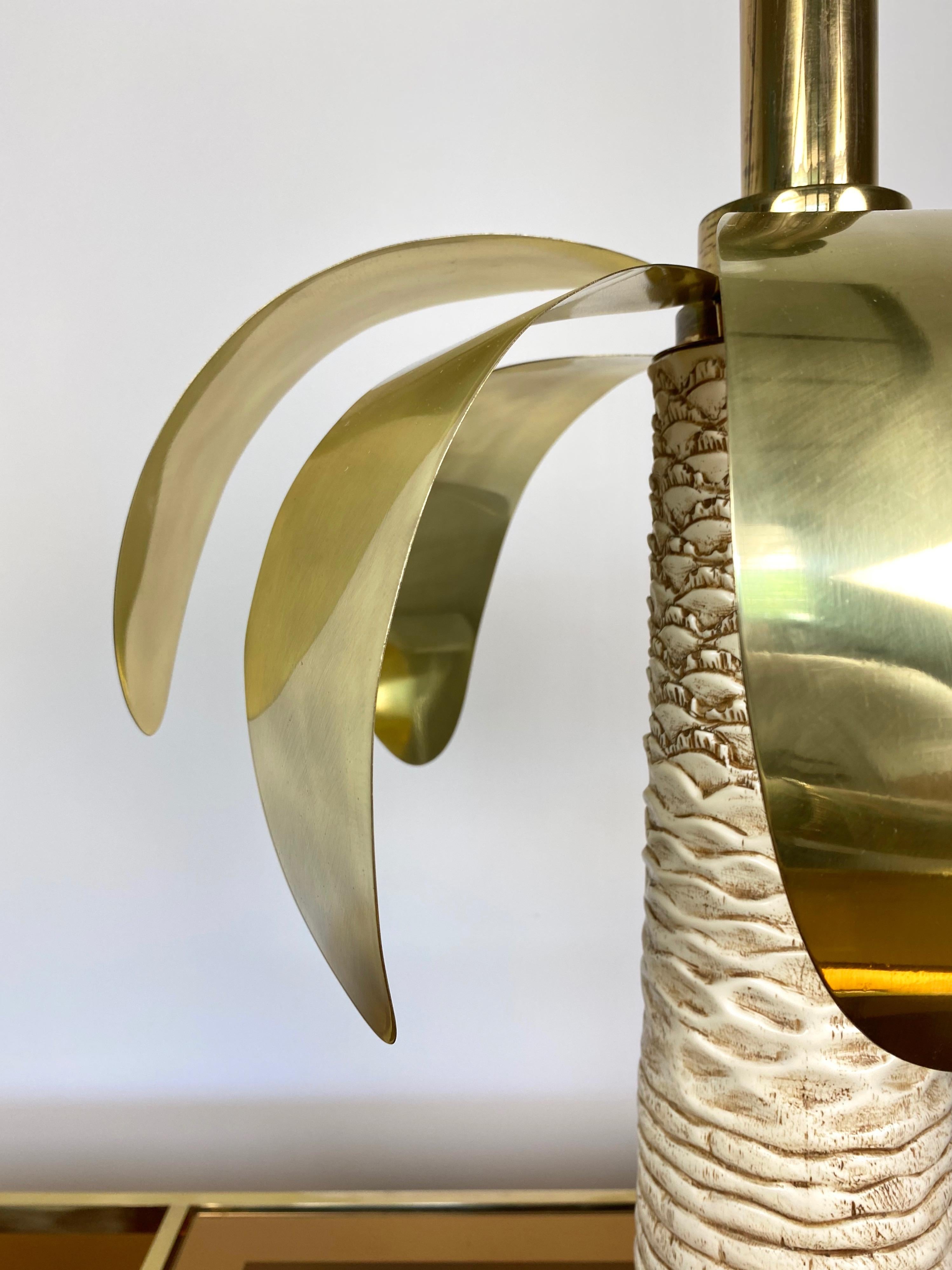 Metal Palm Tree Shaped Brass and White Resin Table Lamp, Italy, 1970s For Sale