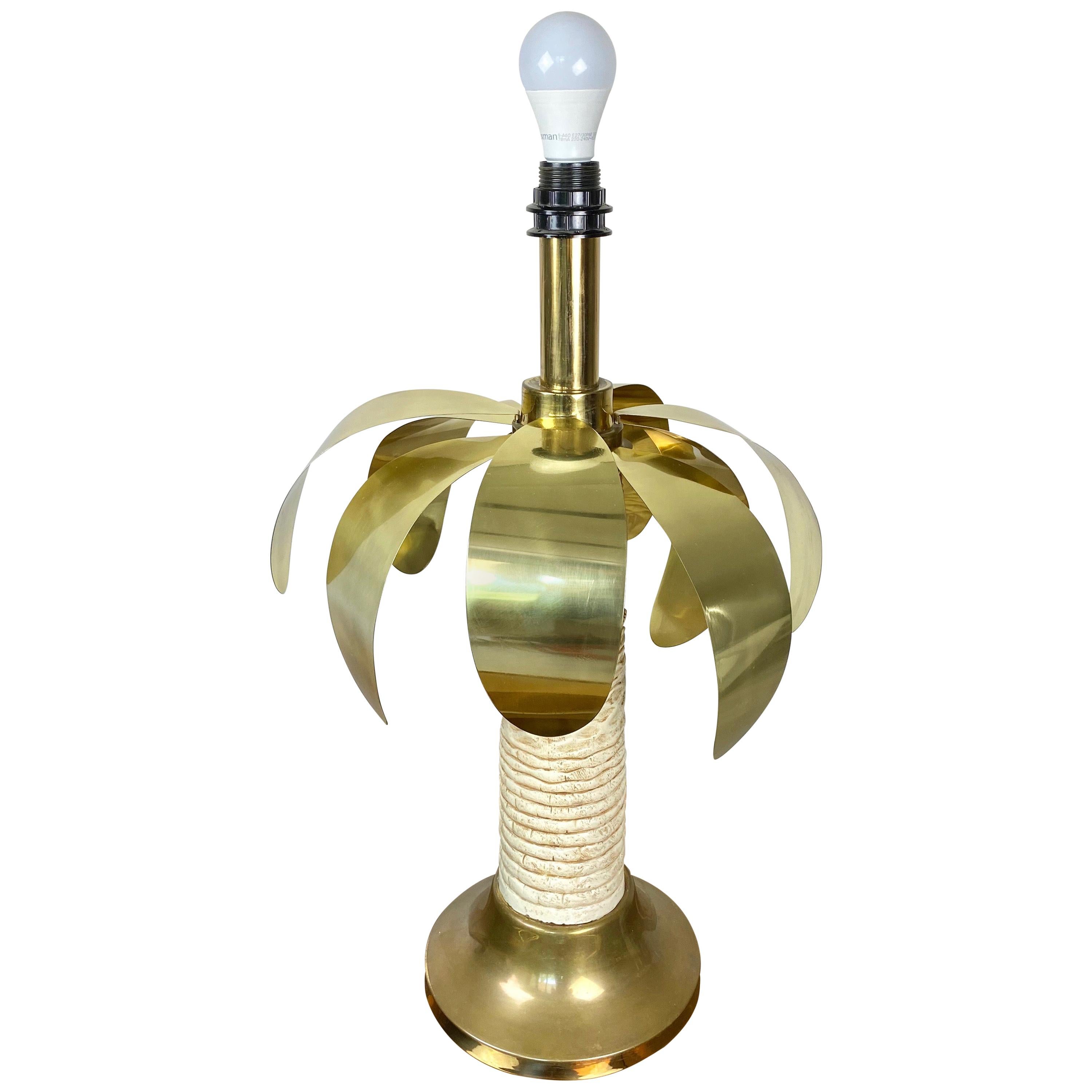 Palm Tree Shaped Brass and White Resin Table Lamp, Italy, 1970s For Sale