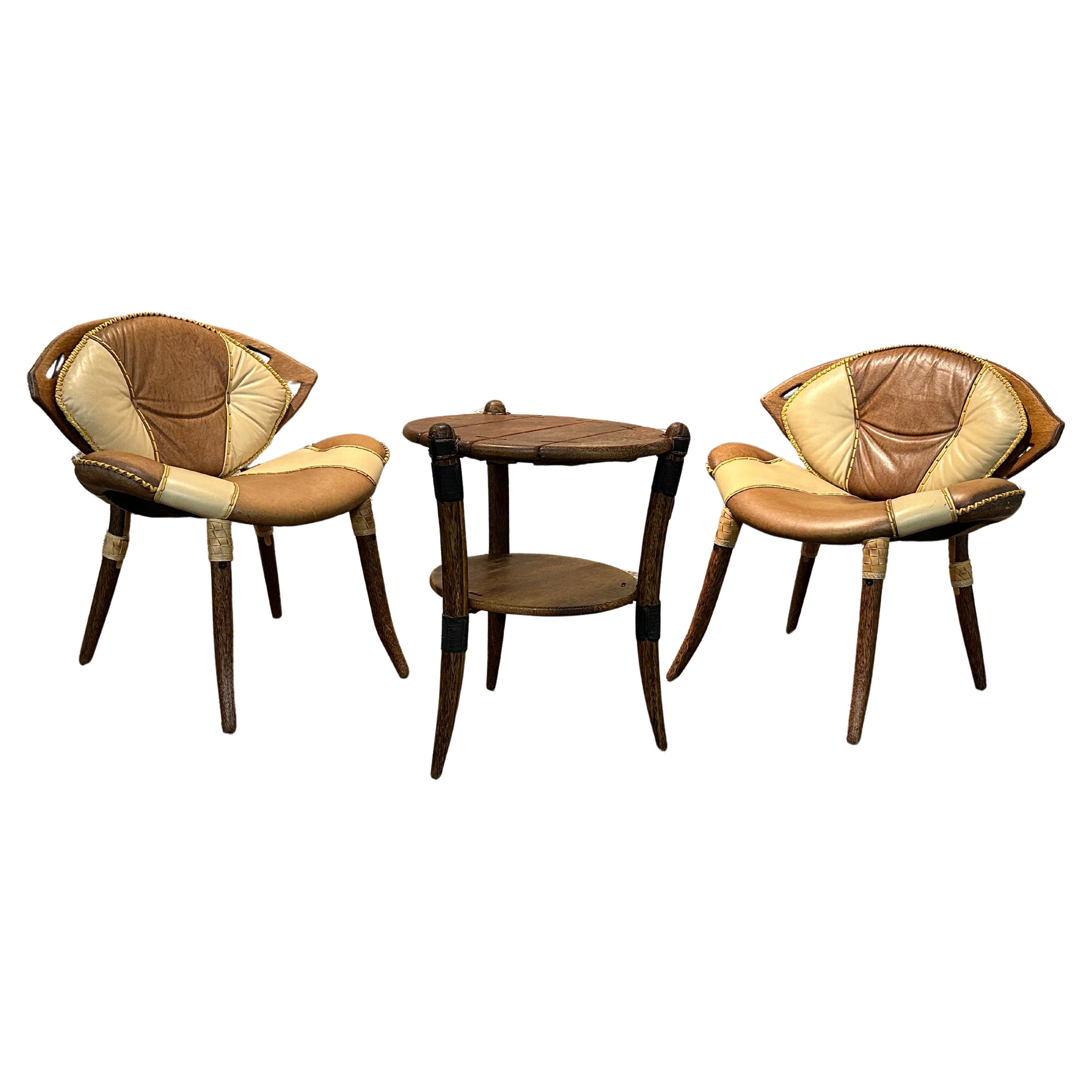 Palm Wood & Leather Zulu Set of Chairs and Table by Pacific Green Manufacture For Sale