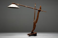 Palm Wood Arc Floor Lamp, American Craftsman, Leather Shade, 1980s