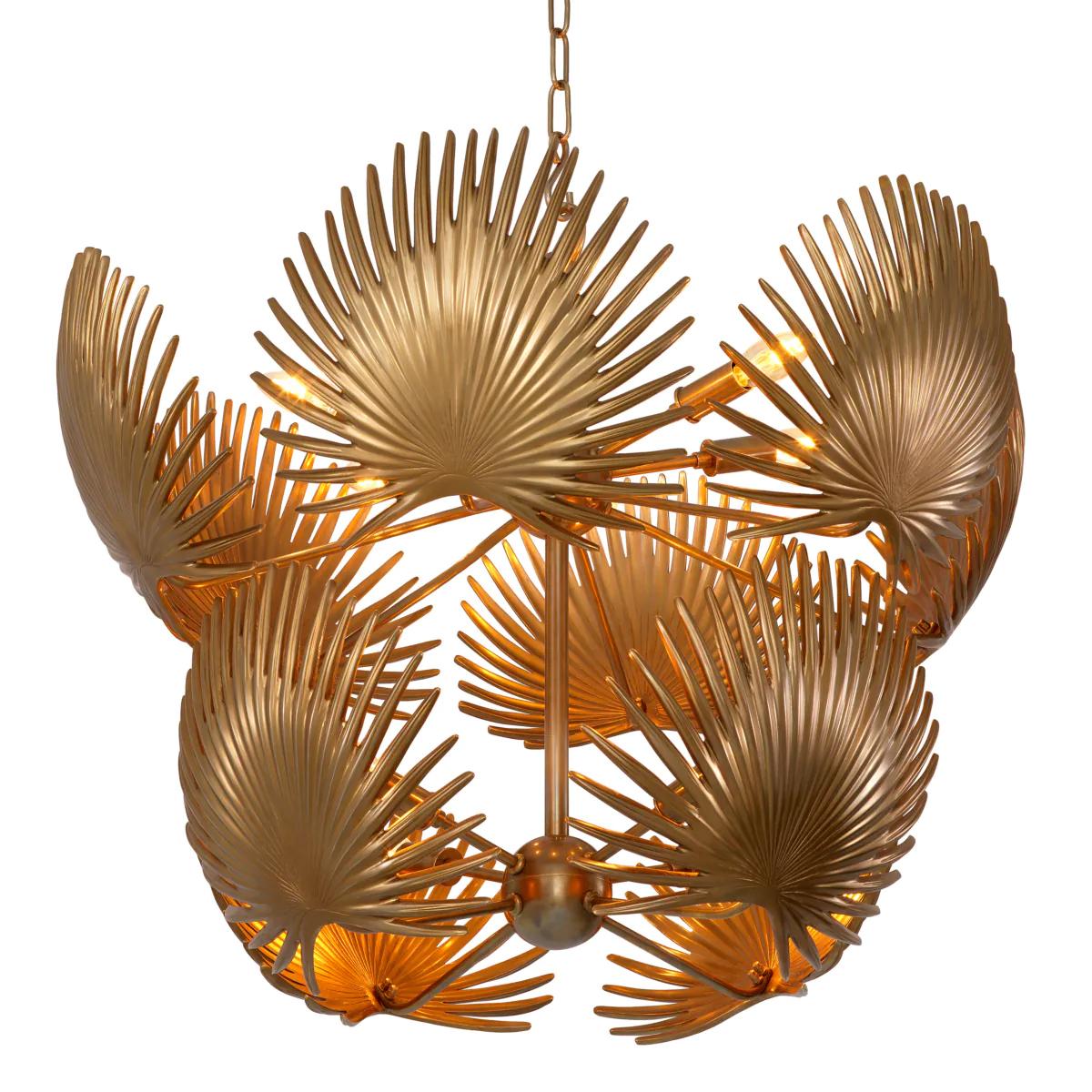 Lustre Palma Brass avec structure en aluminium
en finition laiton vintage, avec palmes en laiton vintage
finition. 10 ampoules, douille type E14, max 40 watt,
gradable, gradateur non inclus, ampoules non incluses. 
Avec une chaîne réglable de 200