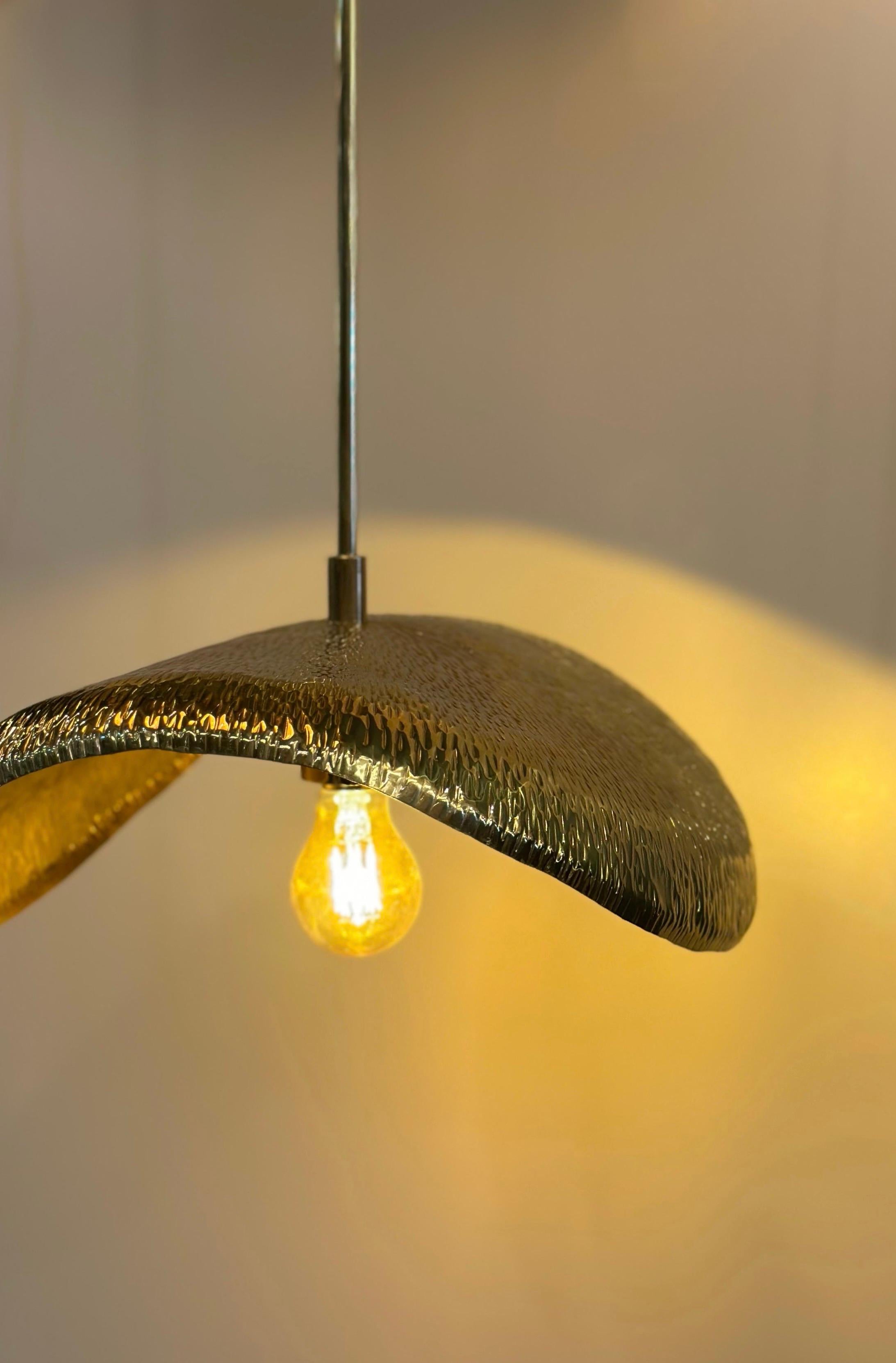 PALMA Large Brass Hammered Pendant, a masterpiece that seamlessly marries the elegance of nature with meticulous artisan craftsmanship. Crafted from a single layer of brass meticulously hammered into a captivating form, this pendant reflects the