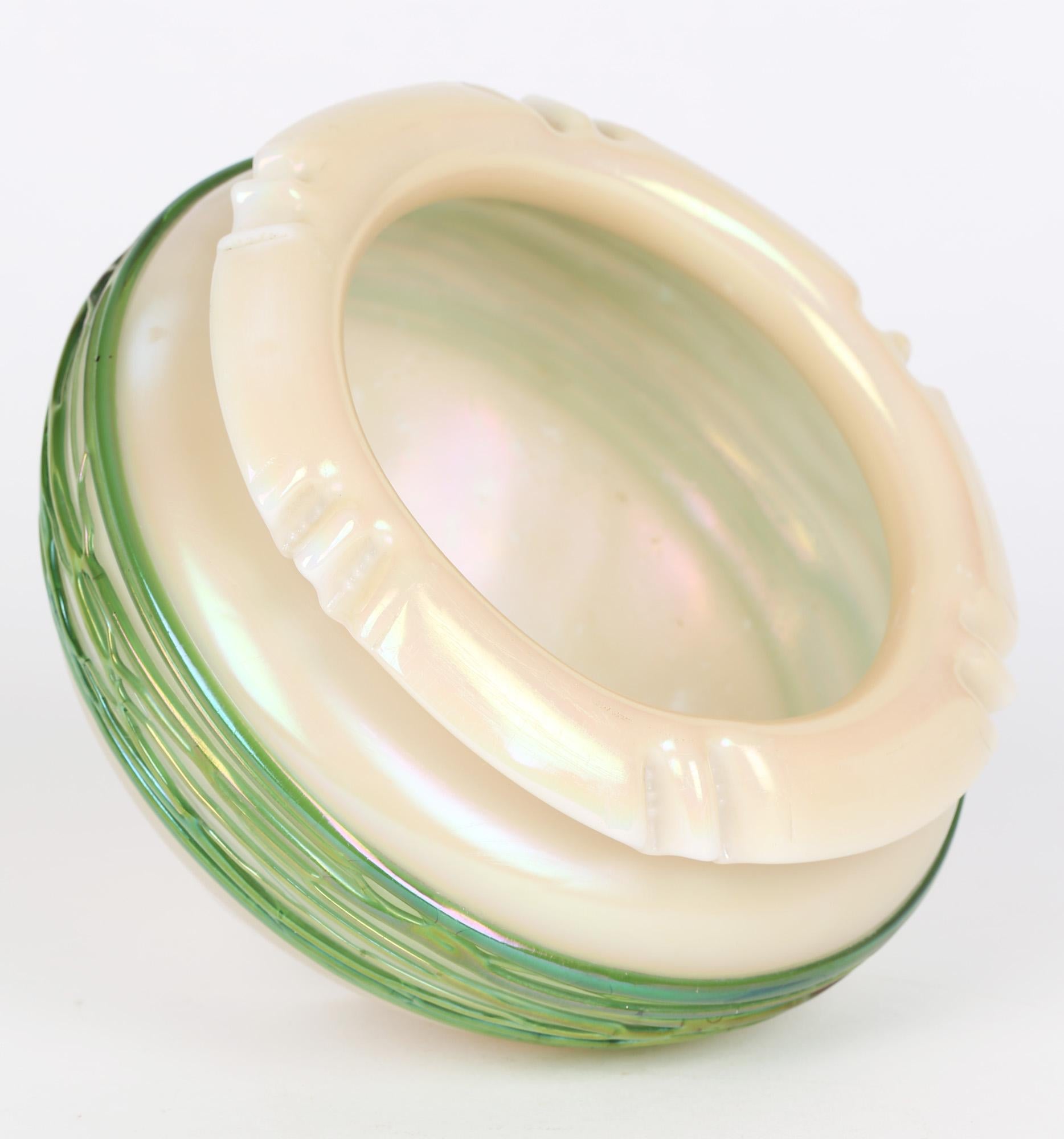 Czech Palme König Art Nouveau Green Trailed Thread Design Iridescent Glass Bowl For Sale