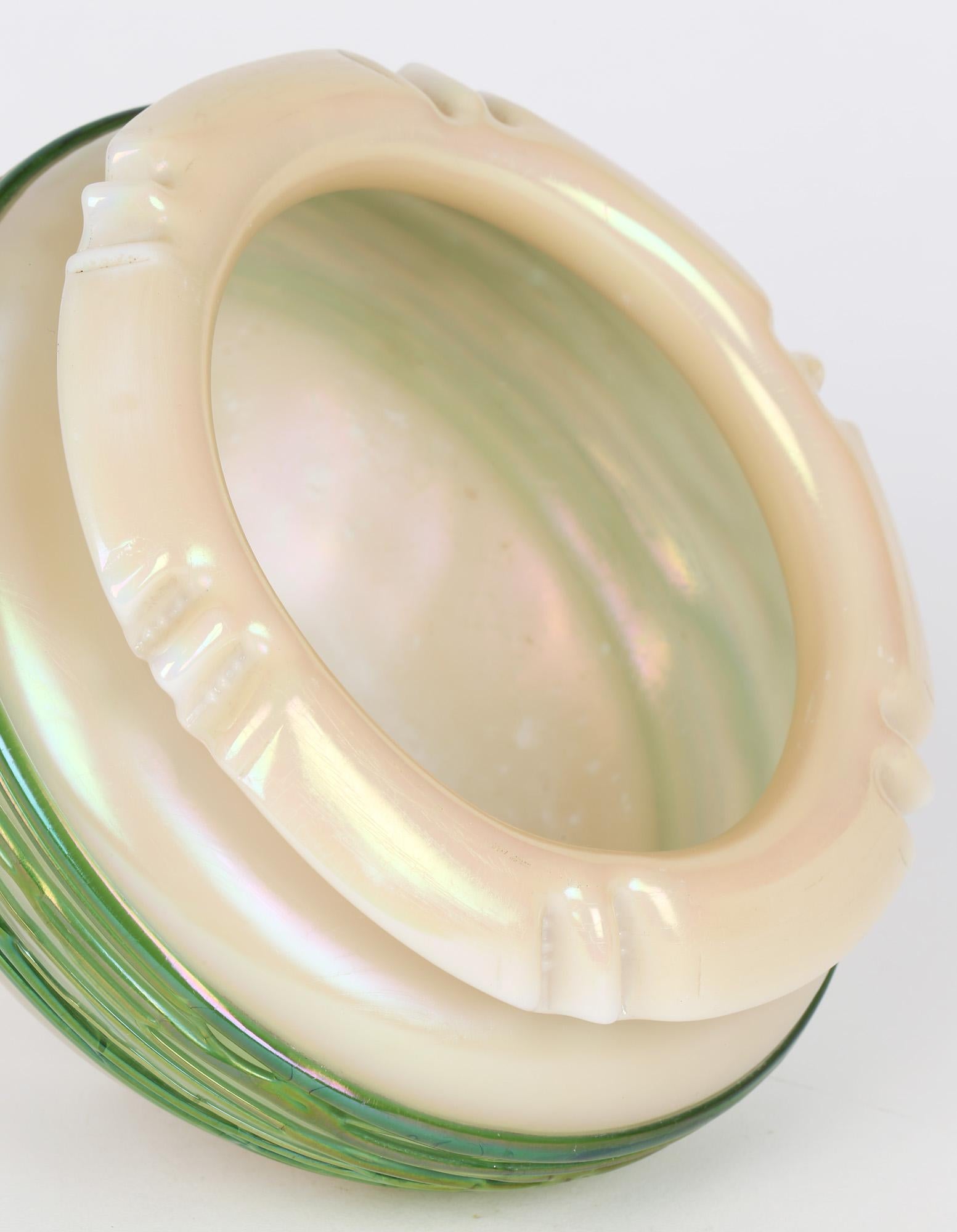 Hand-Crafted Palme König Art Nouveau Green Trailed Thread Design Iridescent Glass Bowl For Sale