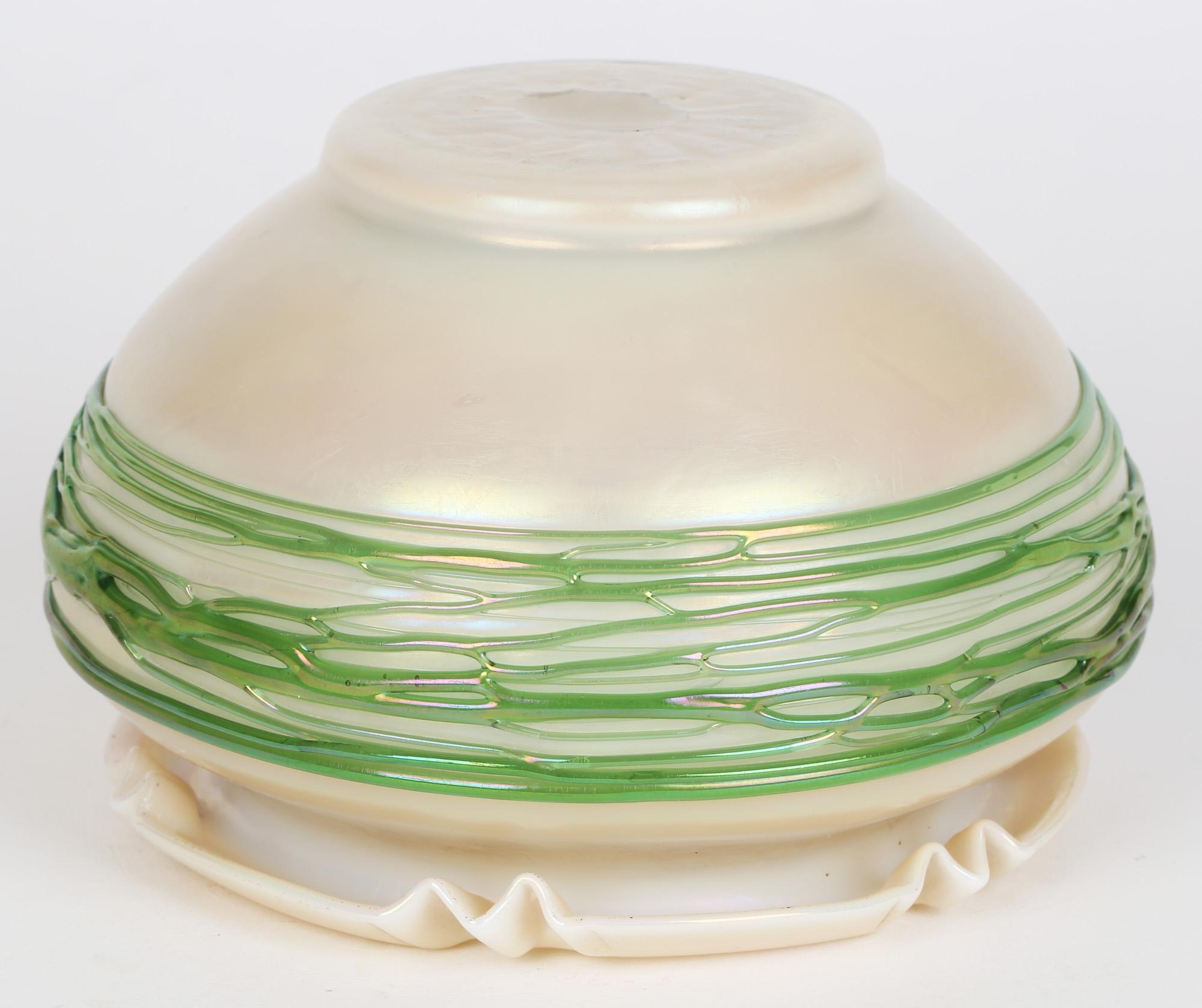 20th Century Palme König Art Nouveau Green Trailed Thread Design Iridescent Glass Bowl For Sale