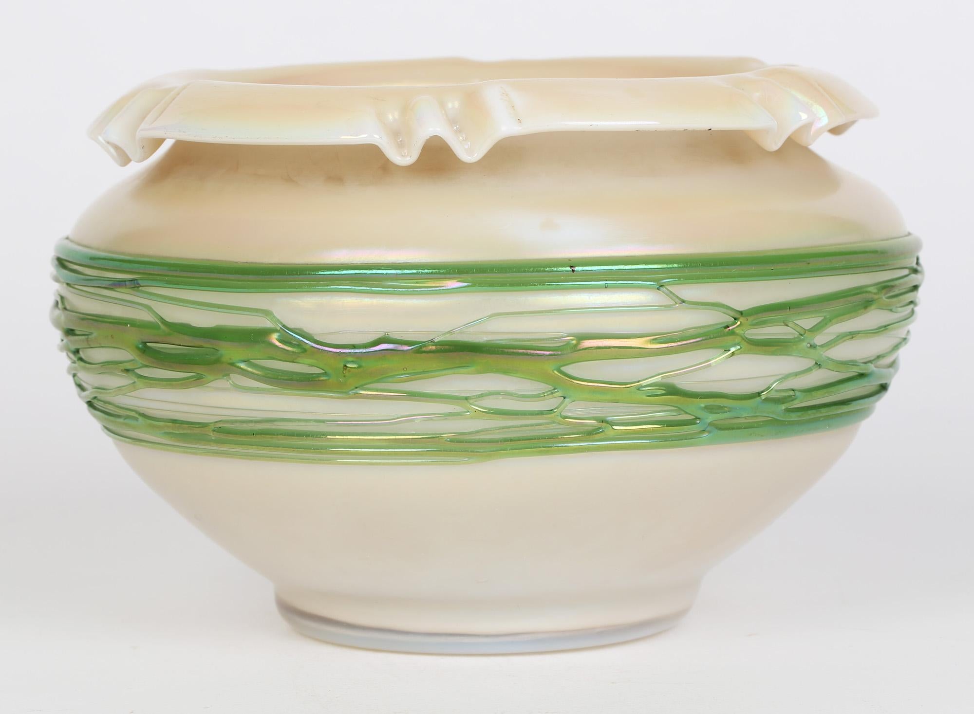 Blown Glass Palme König Art Nouveau Green Trailed Thread Design Iridescent Glass Bowl For Sale