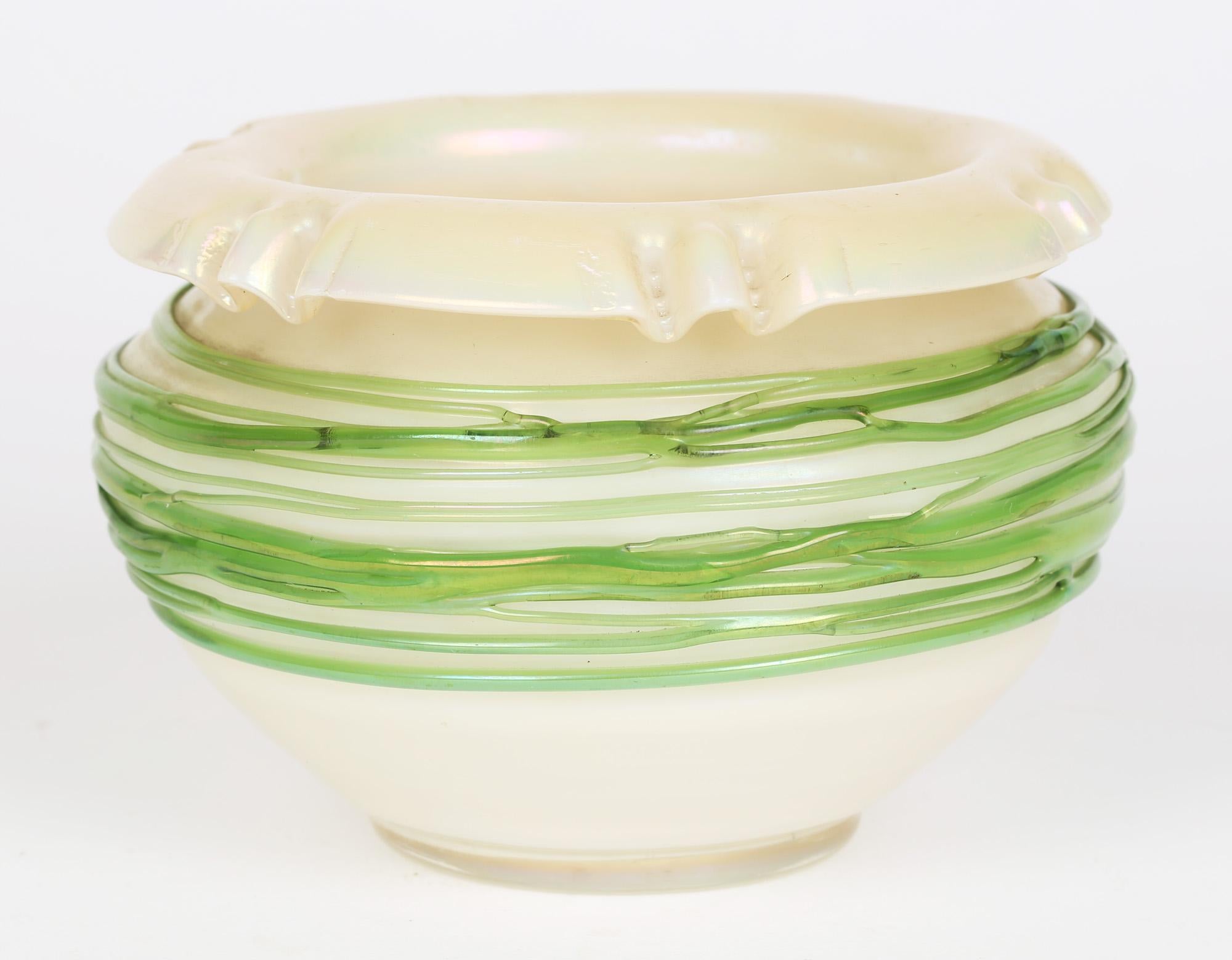 Art Nouveau Palme König Green Trailed Thread Iridescent Art Glass Vase For Sale