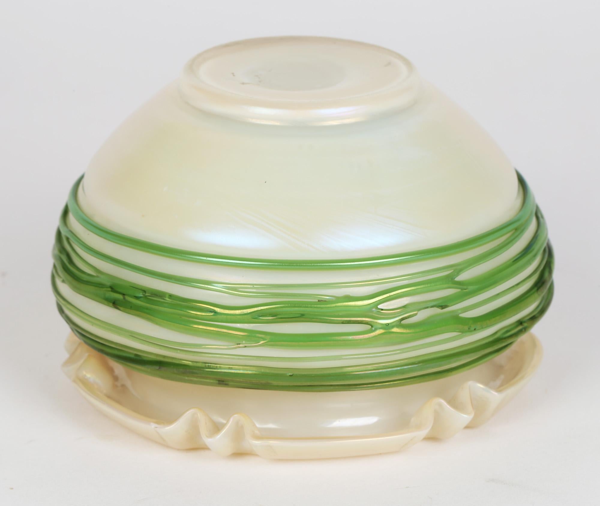 Blown Glass Palme König Green Trailed Thread Iridescent Art Glass Vase For Sale