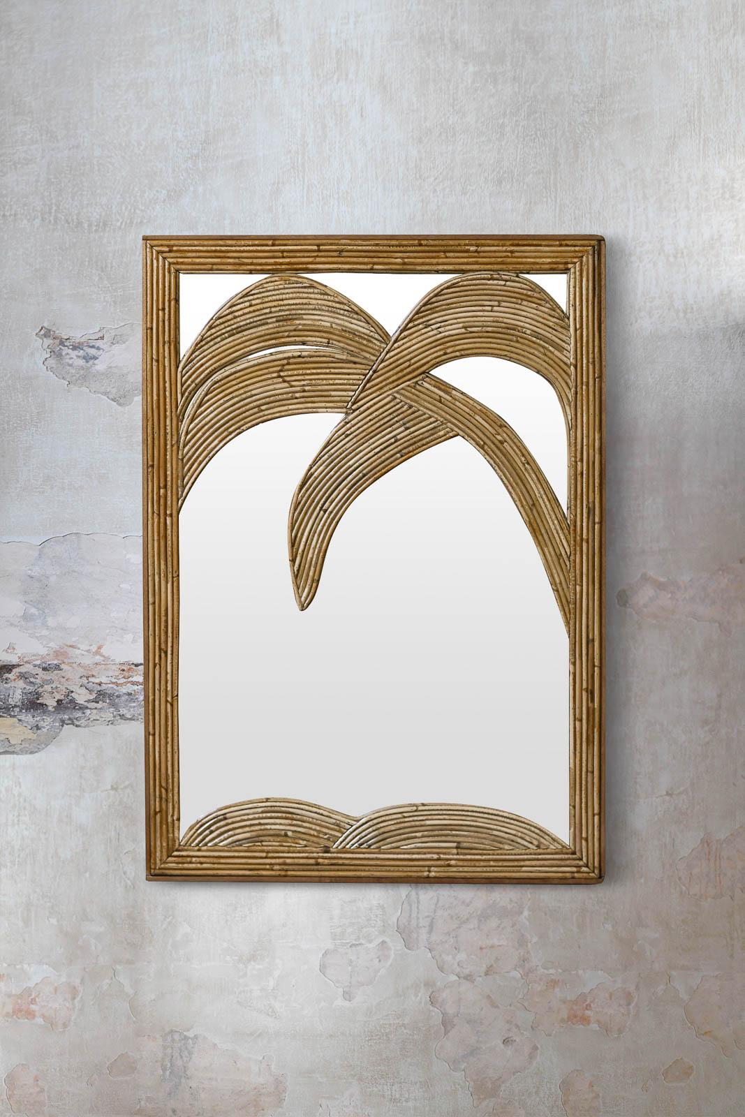 Palm Mirror by Vivai Del Sud, 1970s
Large rectangular mirror with palm tree motif in bamboo. Wooden frame support structure.
Vivai del Sud manufacturing. Original manufacturing stamp on the back
Very good conditions with light signs of wear due to