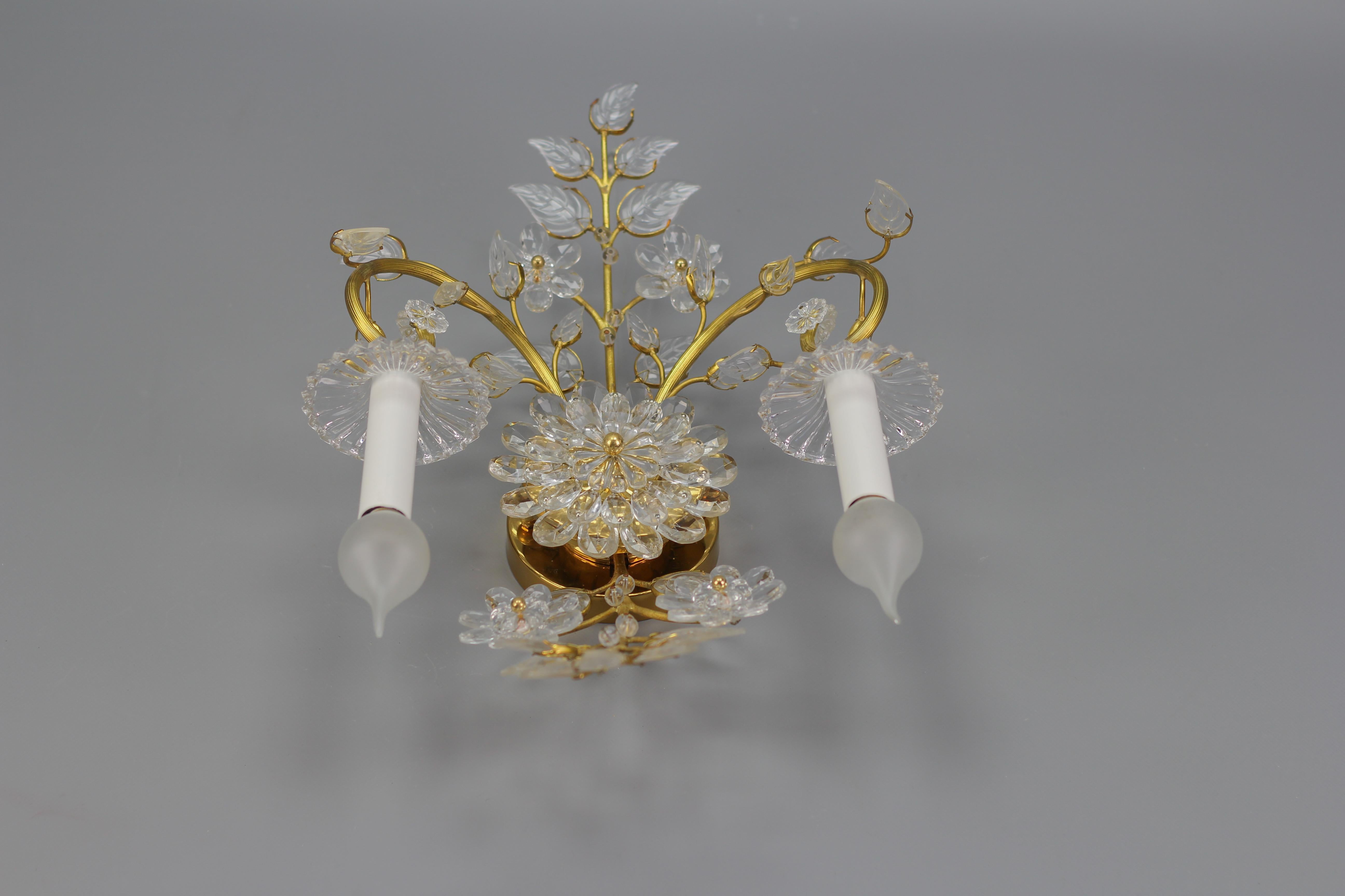 Palme & Walter Crystal and Brass Floral Wall Sconce by Palwa, Germany, 1960s For Sale 2