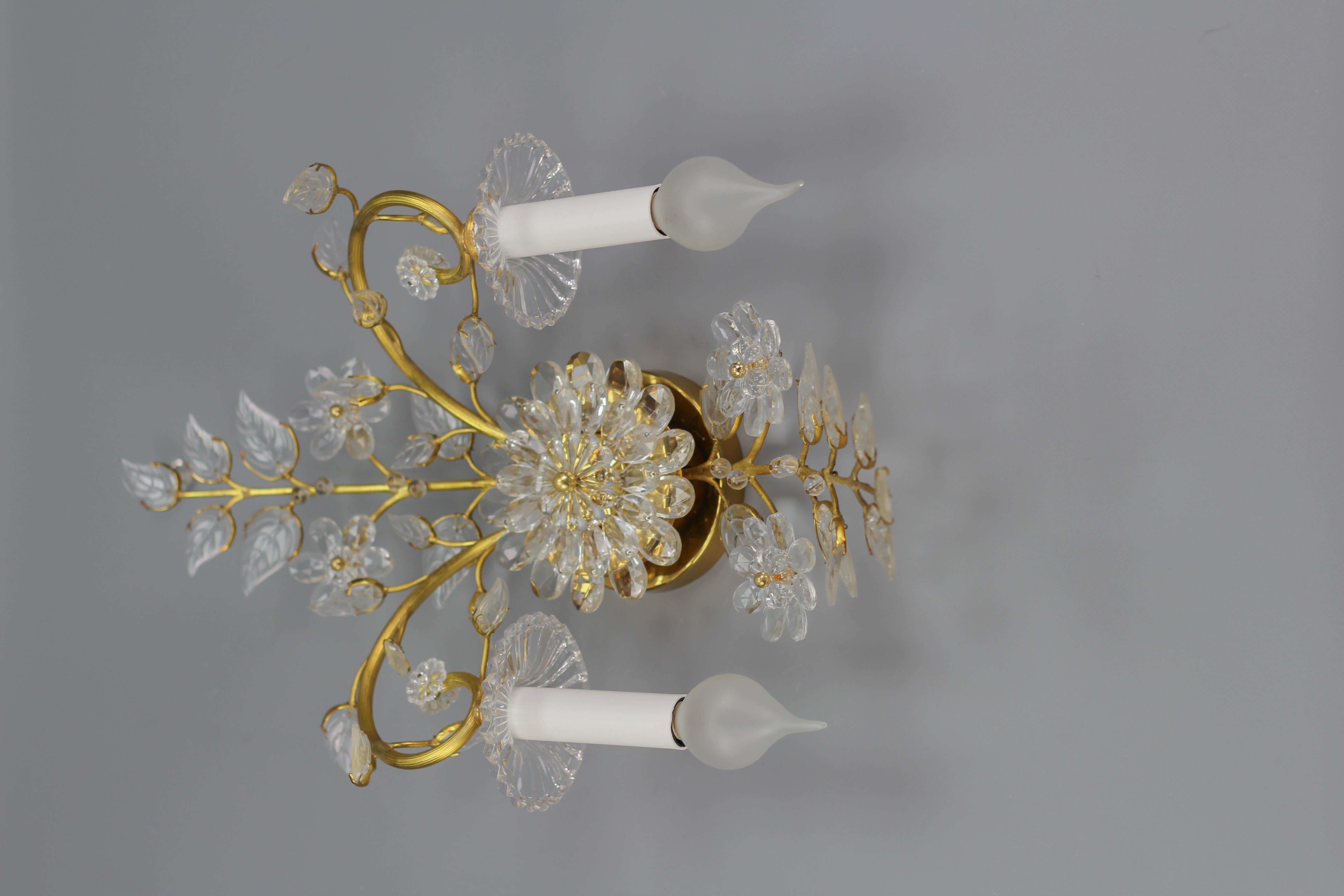 Palme & Walter Crystal and Brass Floral Wall Sconce by Palwa, Germany, 1960s For Sale 3