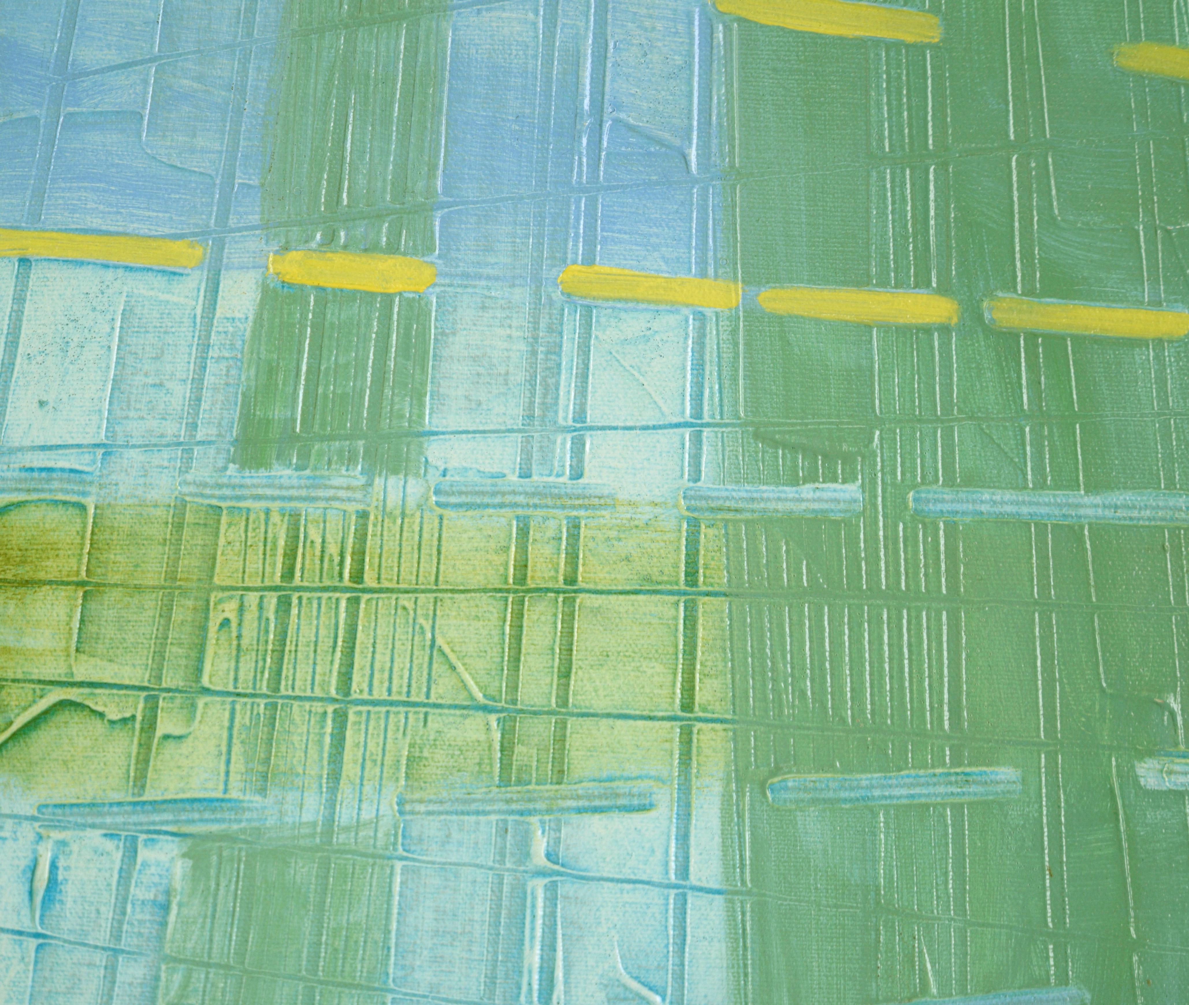 Architektonische Reflektionen – strukturierte abstrakte geometrische Komposition in Öl

Texturierte geometrische Komposition von Palmer (Amerikaner, 20. Jahrhundert). Dieses Werk weist abstrahierte architektonische Elemente auf, die durch das