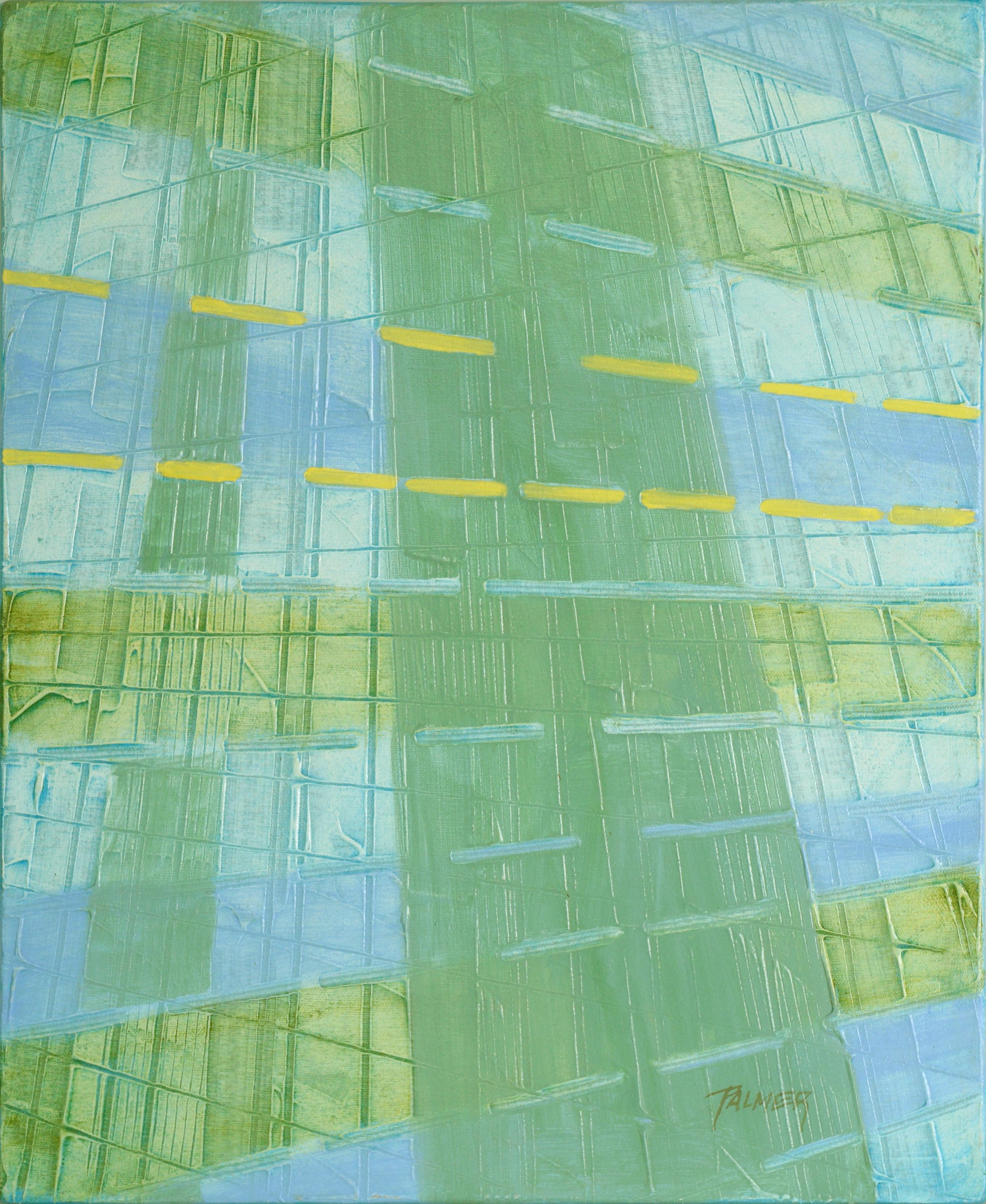 Palmer Abstract Painting – Architektonische Reflektionen – strukturierte abstrakte geometrische Komposition in Öl