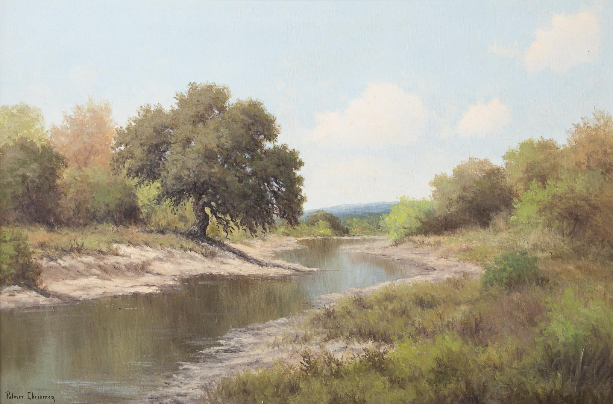 Palmer Chrisman Landscape Painting - "Hill Country Landscape with a Creek" Texas Landscape in Summer