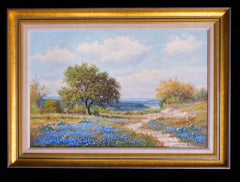 "Texas Hill Country Bluebonnet Scene with Lake" Tranquilas flores silvestres pastorales