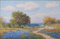"Texas Hill Country Bluebonnet Scene with Lake" Tranquilas flores silvestres pastorales