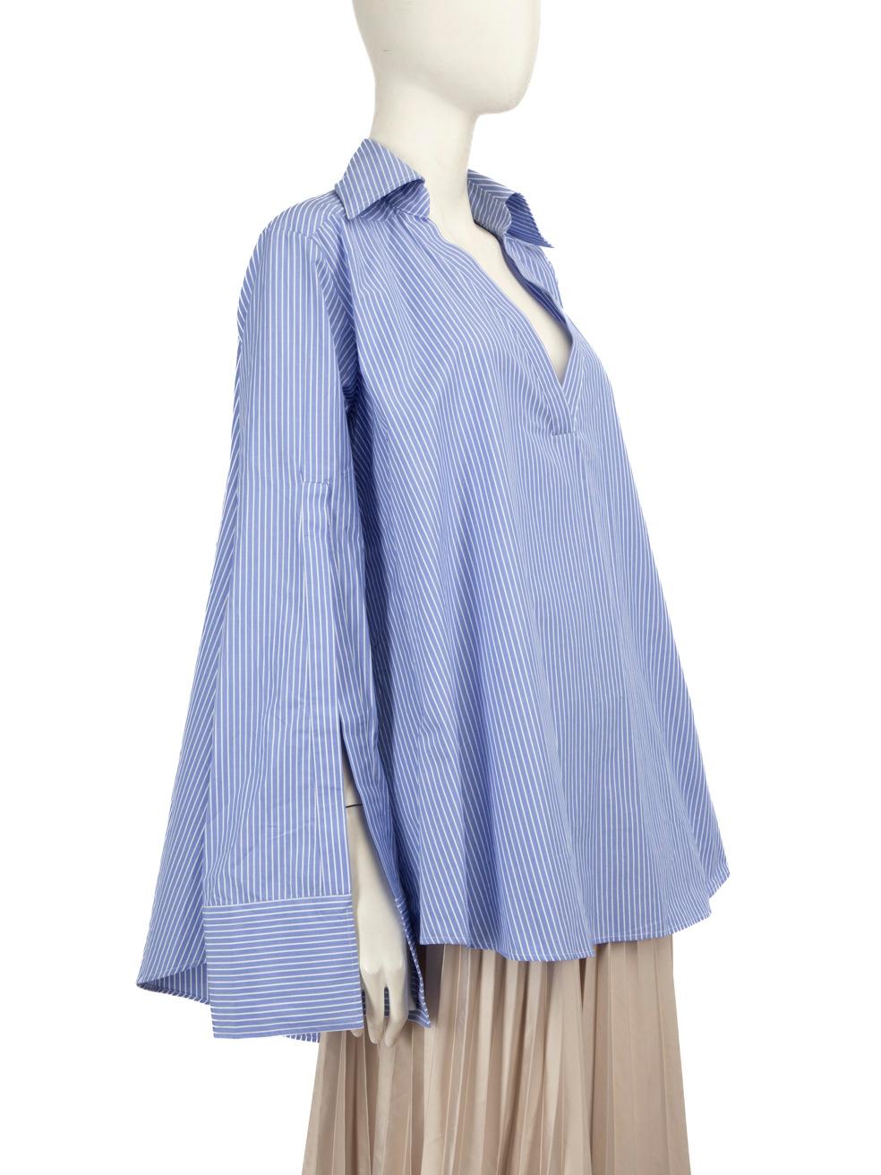 CONDITION is Very good. Minimal wear to top is evident. Light discolouration in both underarm areas and on the left collar on this used palmer//harding designer resale item.
 
 Details
 
 
 Blue
 
 Cotton
 
 Shirt
 
 Long sleeves
 
 Striped pattern
