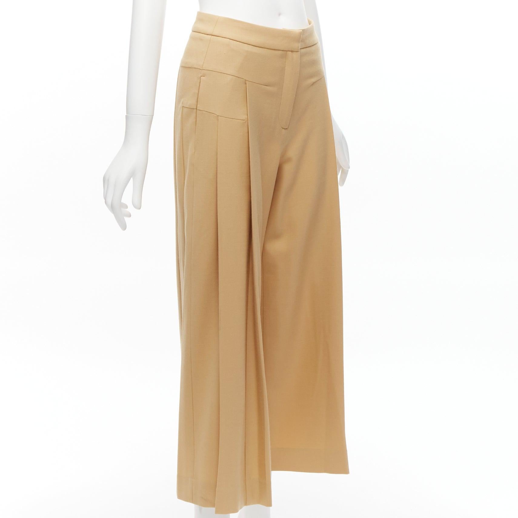 Brown PALMER HARDING tan virgin wool blend dart pleated wide leg pants UK6 XS