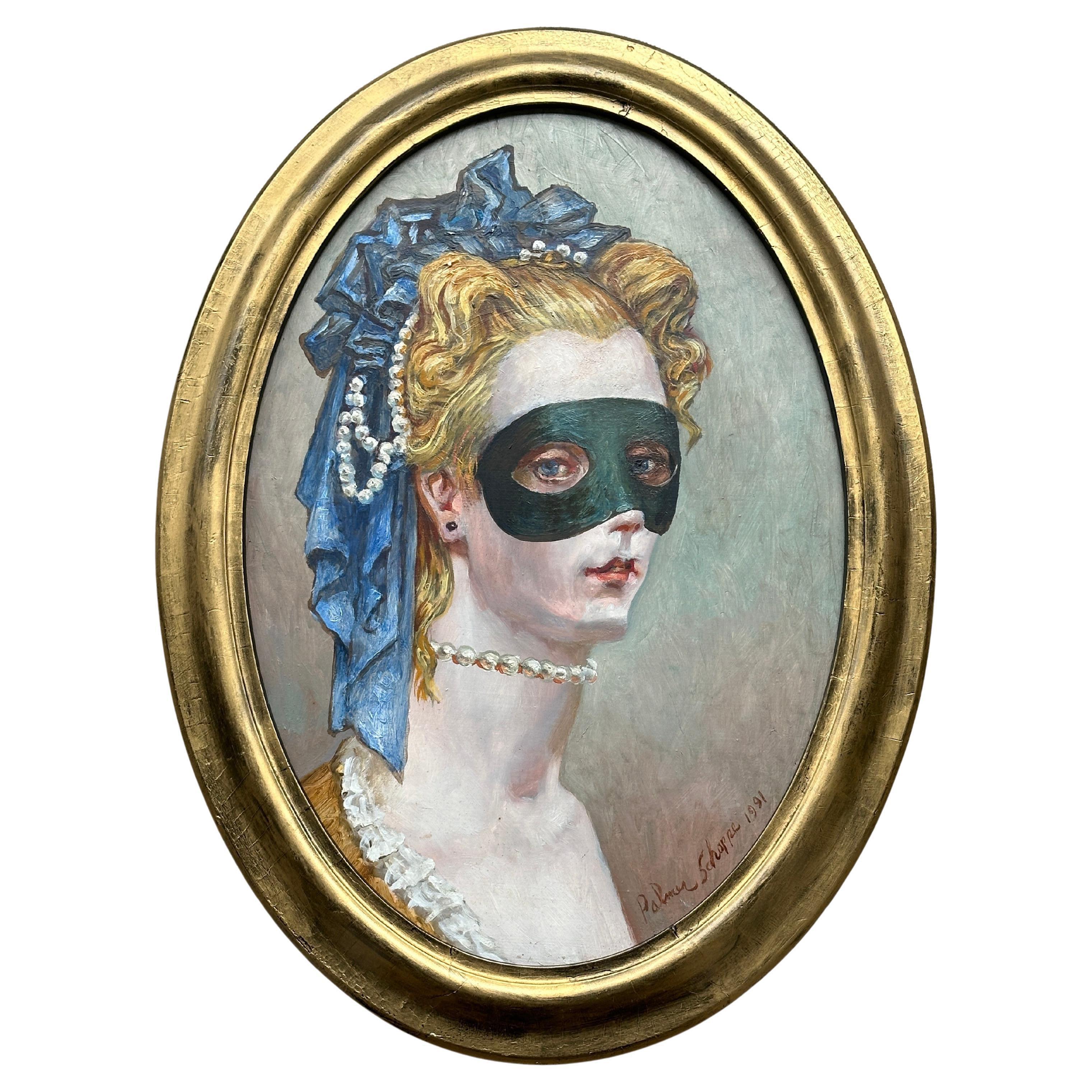 In Masked Woman (1991), Palmer Schoppe presents a figure who is at once distant and magnetic — a woman shrouded in mystery, yet rendered with striking intimacy. This oval portrait, rich with historical resonance, evokes the world of masked balls,