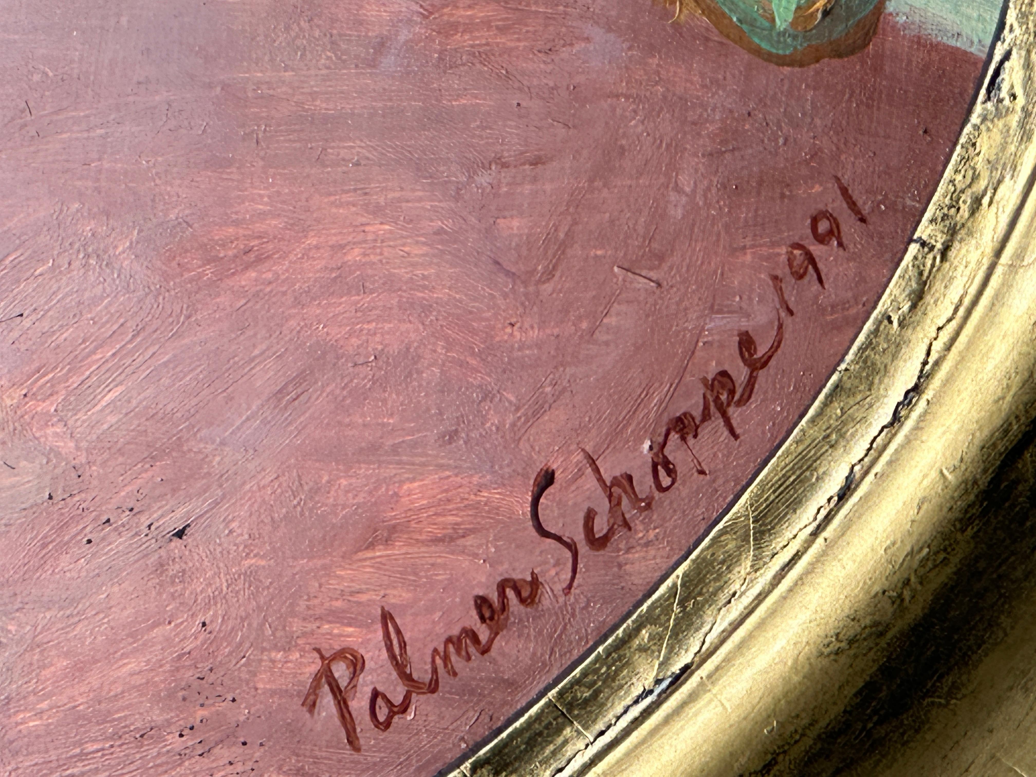 Masked Women #1, Oval Oil Portrait in a Gold Frame by Palmer Schoppe For Sale 3