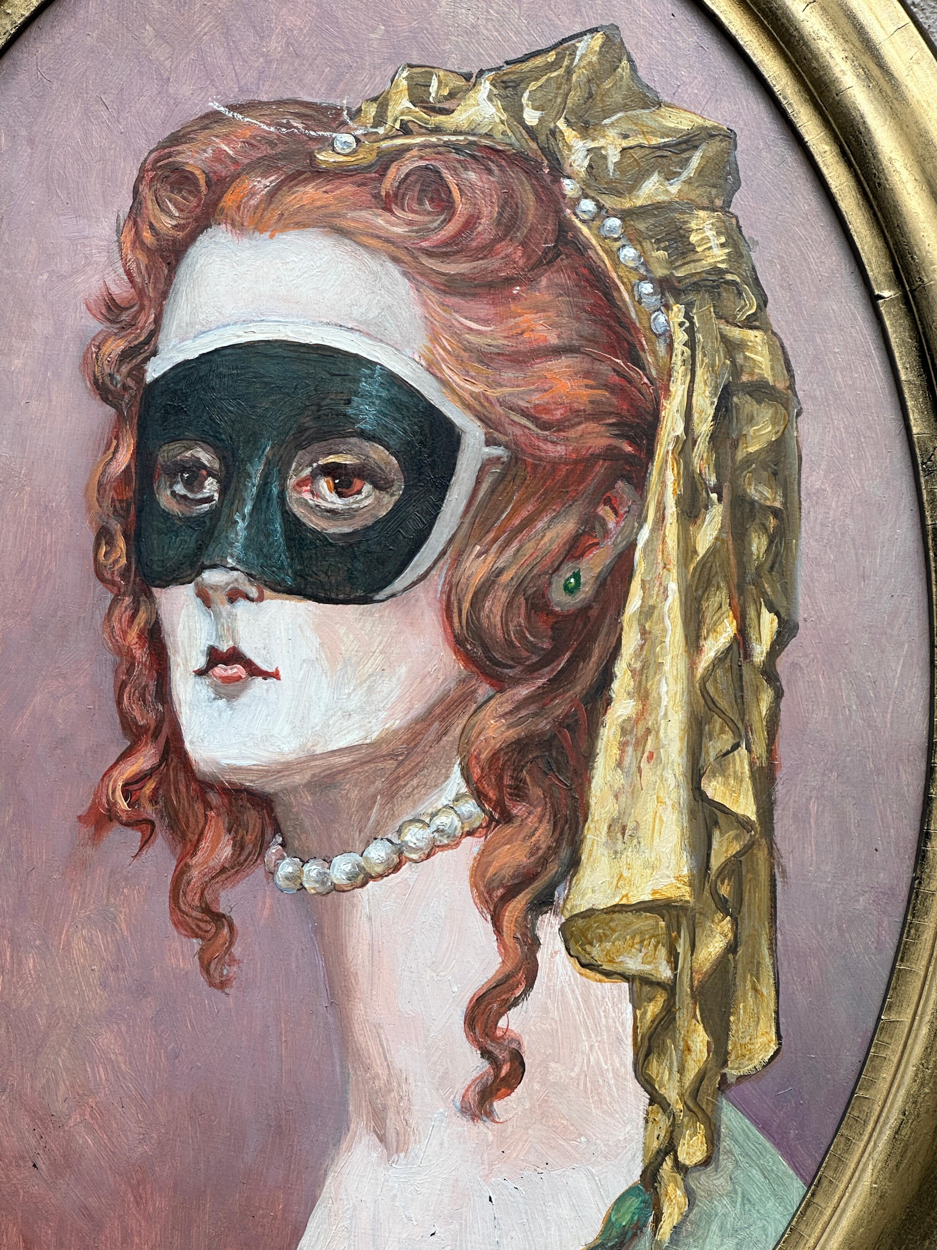 Masked Women #1, Oval Oil Portrait in a Gold Frame by Palmer Schoppe For Sale 4