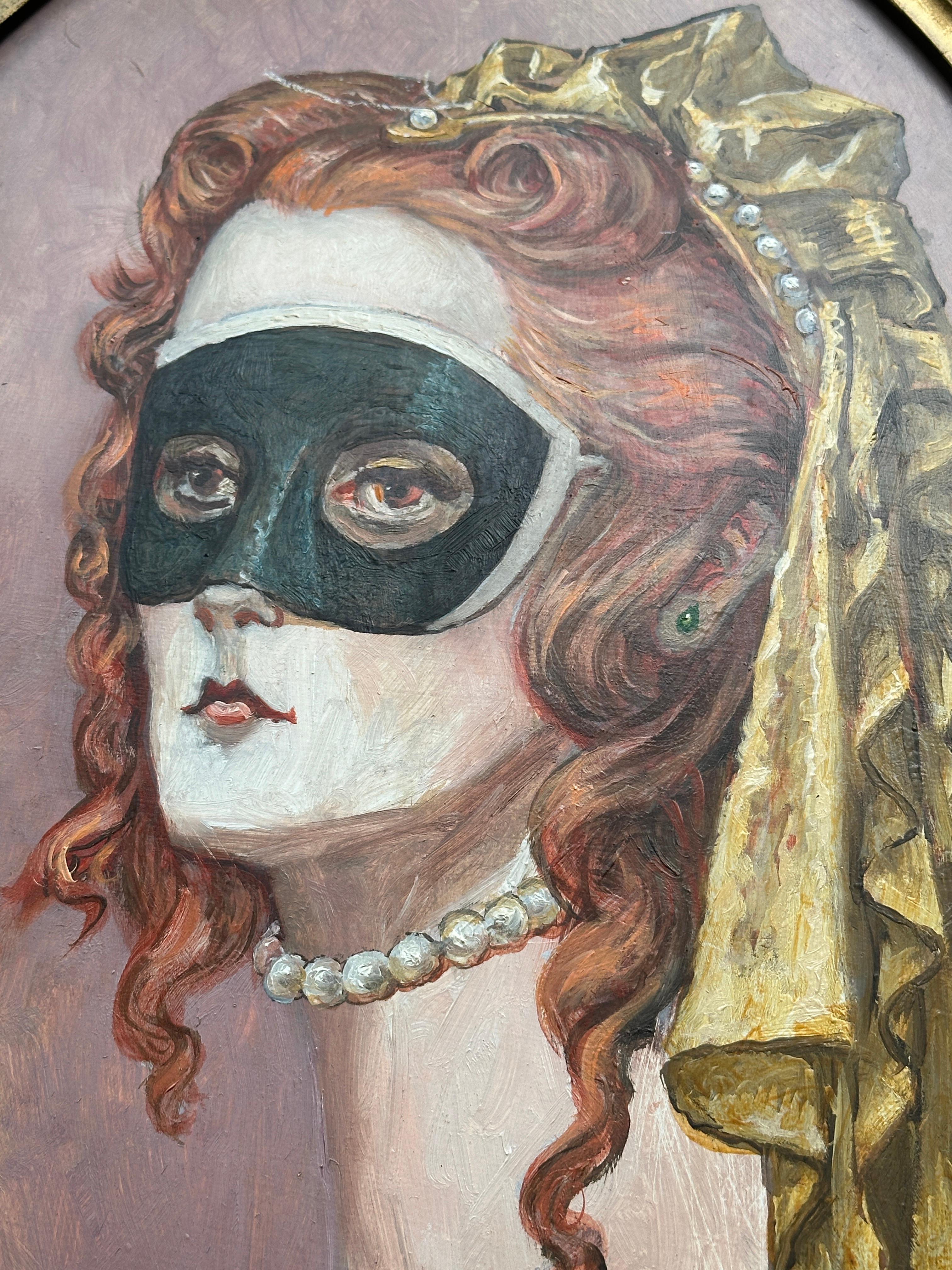 Masked Women #1, Oval Oil Portrait in a Gold Frame by Palmer Schoppe For Sale 6