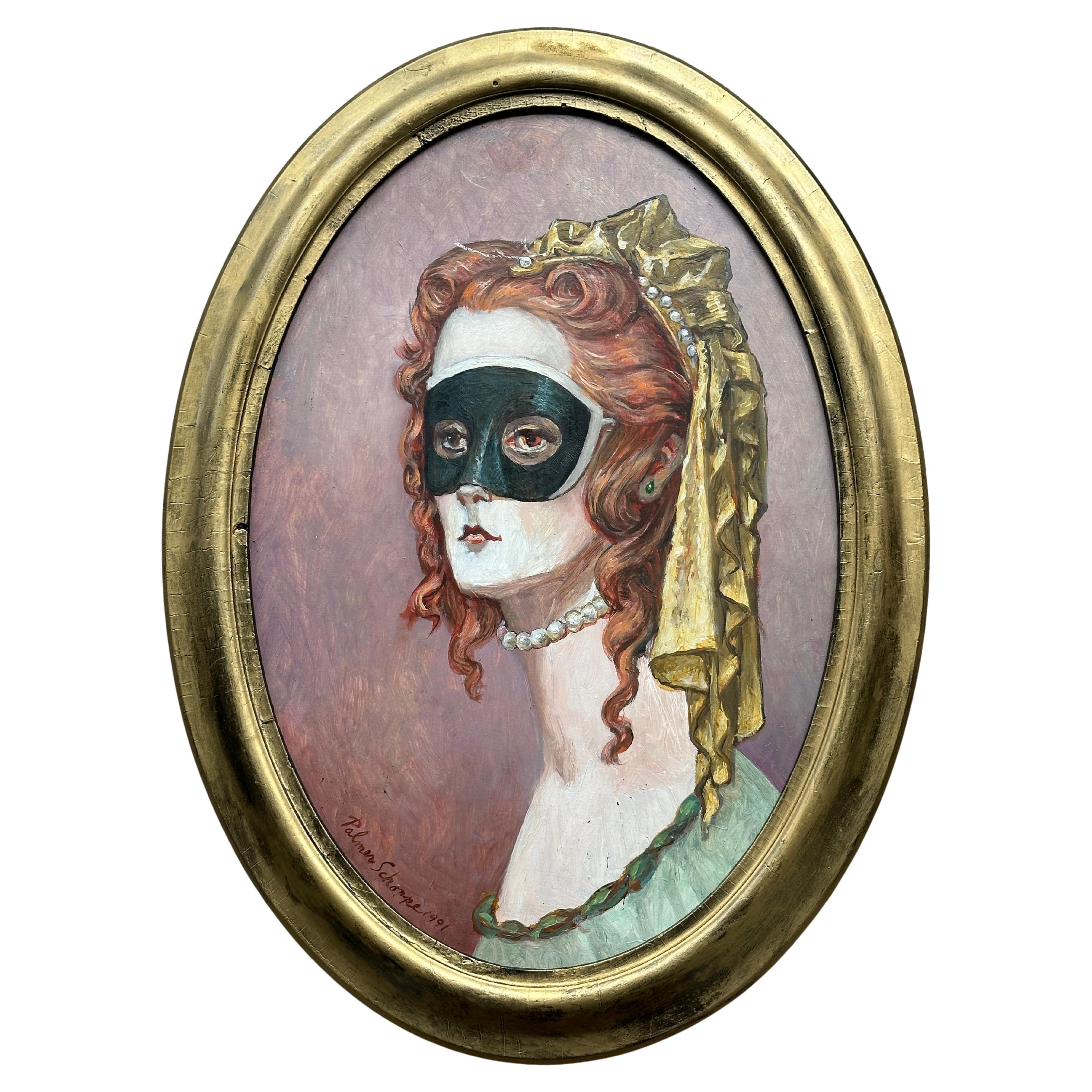"Masked Woman", 1991 – Palmer Schoppe
A haunting portrait of mystery, elegance, and timeless femininity

With Masked Woman, dated 1991, Palmer Schoppe delivers a captivating homage to the aesthetics of theatricality and enigma. This oval-framed