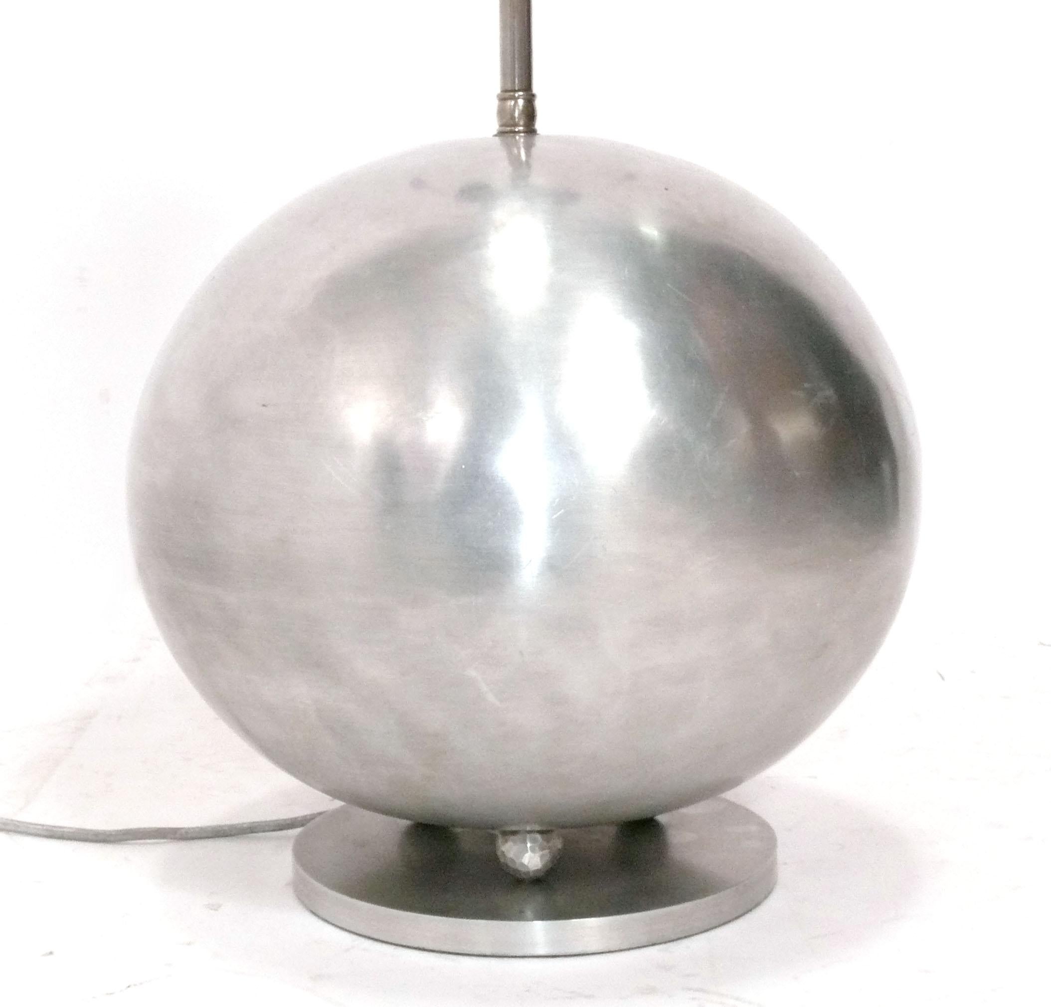 Rare Art Deco Aluminum Globe Lamp by Palmer Smith, unsigned, American, circa 1930s. In 25 years of collecting American Art Deco, we have only seen this lamp form come up for sale twice. The last time was at Wright auction on May 21, 2006 when a pair