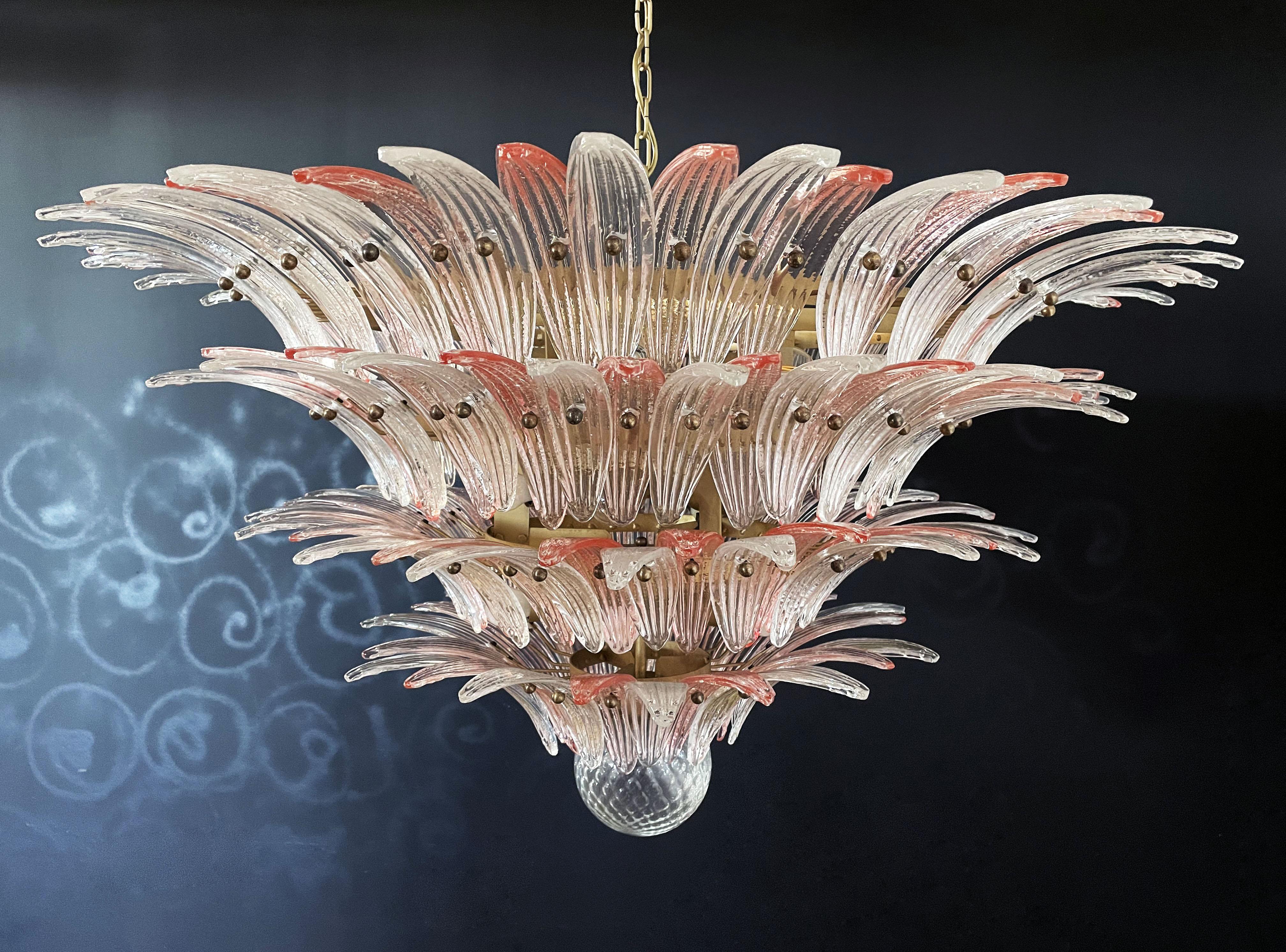 Palmette ceiling light made by 163 Murano pink and trasparent glasses in a gold metal frame. Murano blown glass in a traditional way. Structure in gold colored metal.
Period: late XX century 
Dimensions: 55,10 inches (140cm) height with chain; 31,50