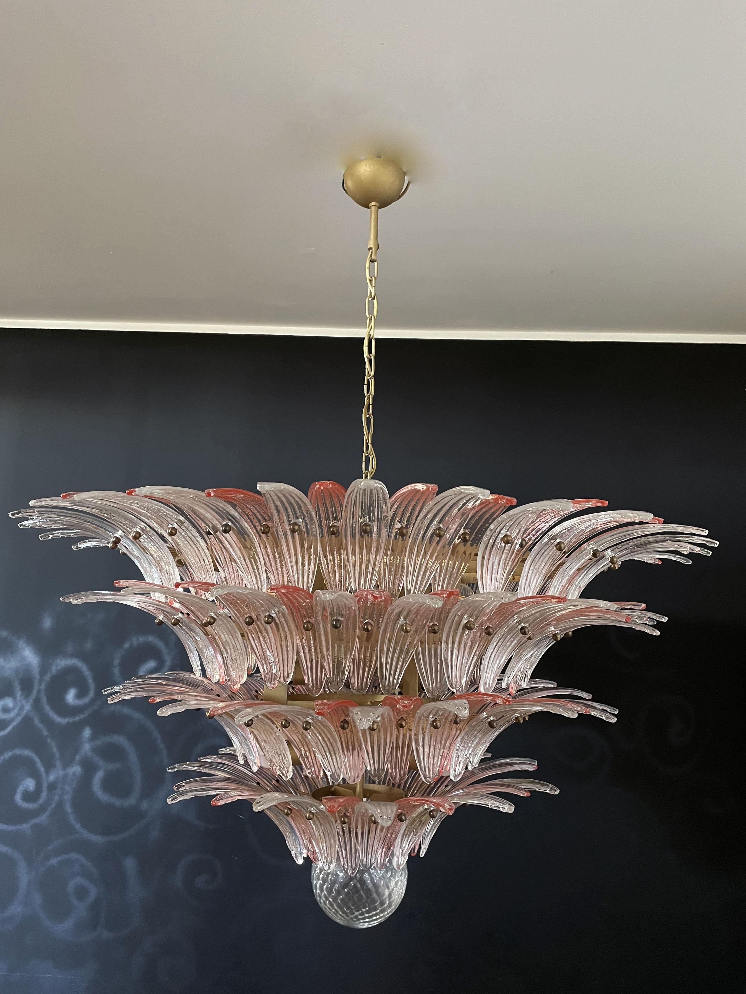 Italian Palmette Ceiling Light - four levels, 163 pink and trasparent glasses For Sale