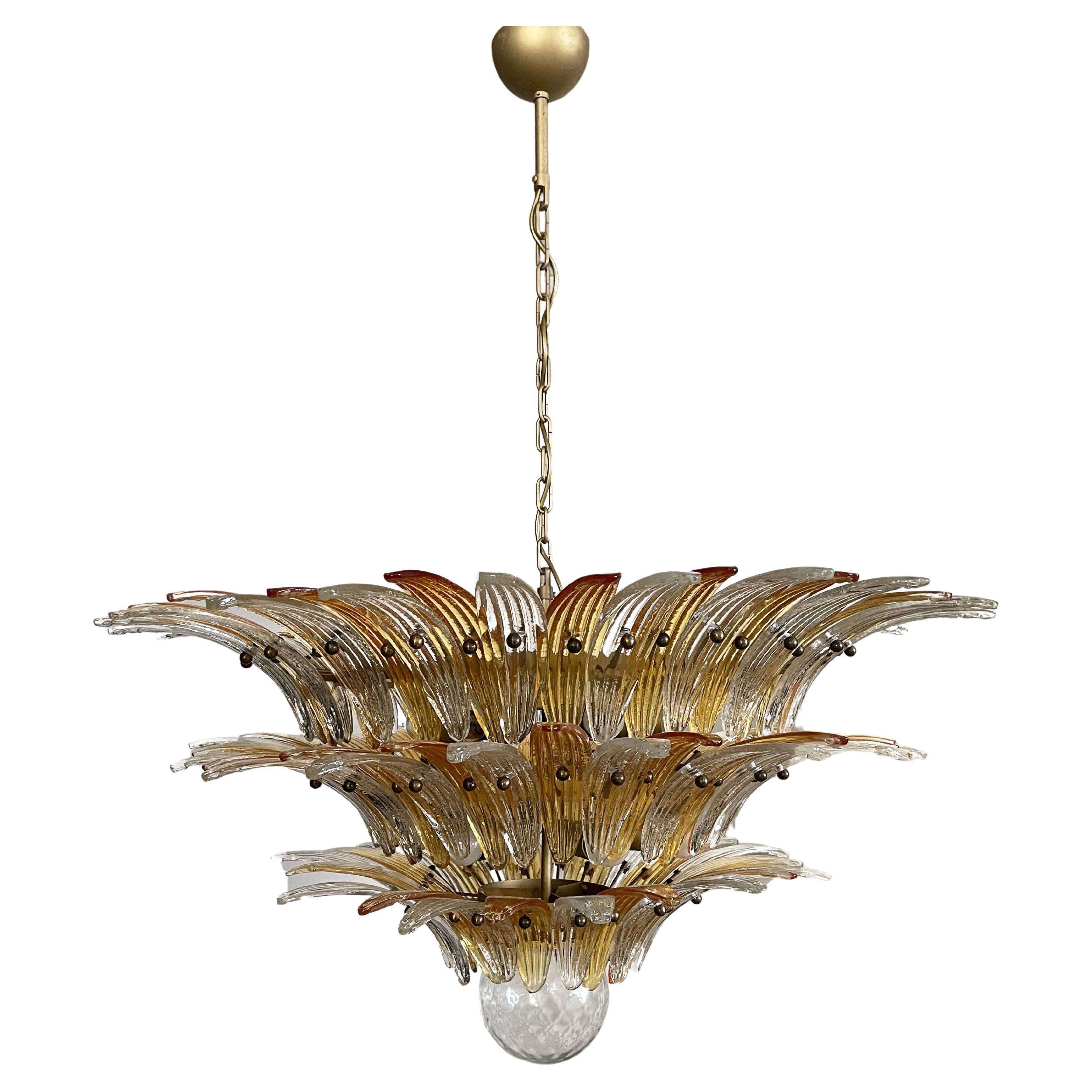 Palmette Ceiling Light, Three Levels, 104 Clear and Amber Glasses For Sale