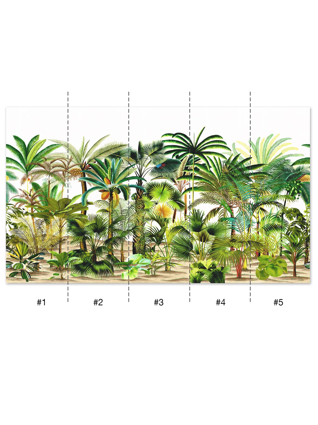 Palmetum, a colorful tropical forest, is a vibrant celebration of life. In this mural, a variety of palm plants create a flourishing and energetic background. This biophilic mural is suitable for many design styles. The 5 panels of Palmetum are hand