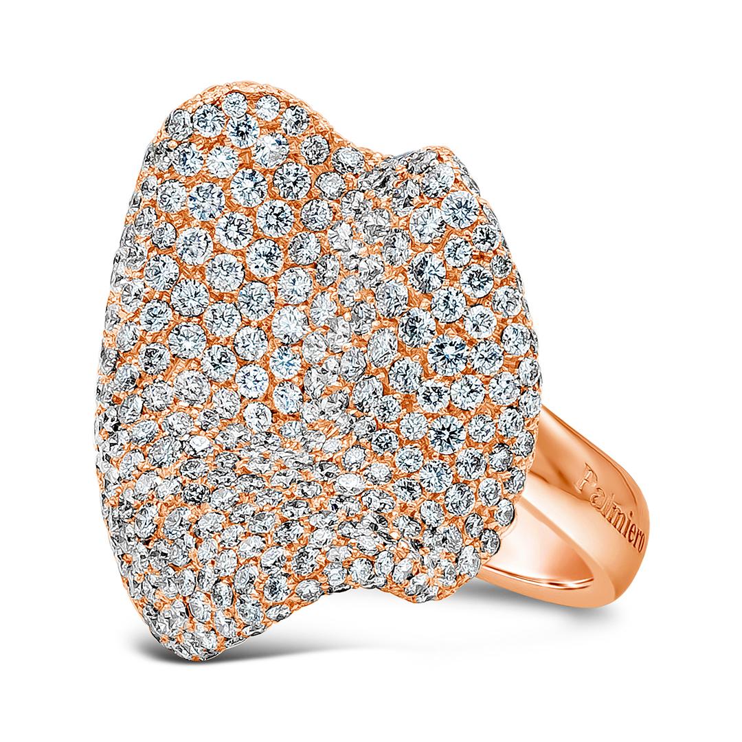 This modish fashion ring showcases brilliant round diamonds, bypass design micro pave set made in 18K Rose Gold. Sparkling round white diamonds weighing 10.45 carats, F+ in Color and VS+ in Clarity. Exquisitely made and signed by Palmiero Jewellery