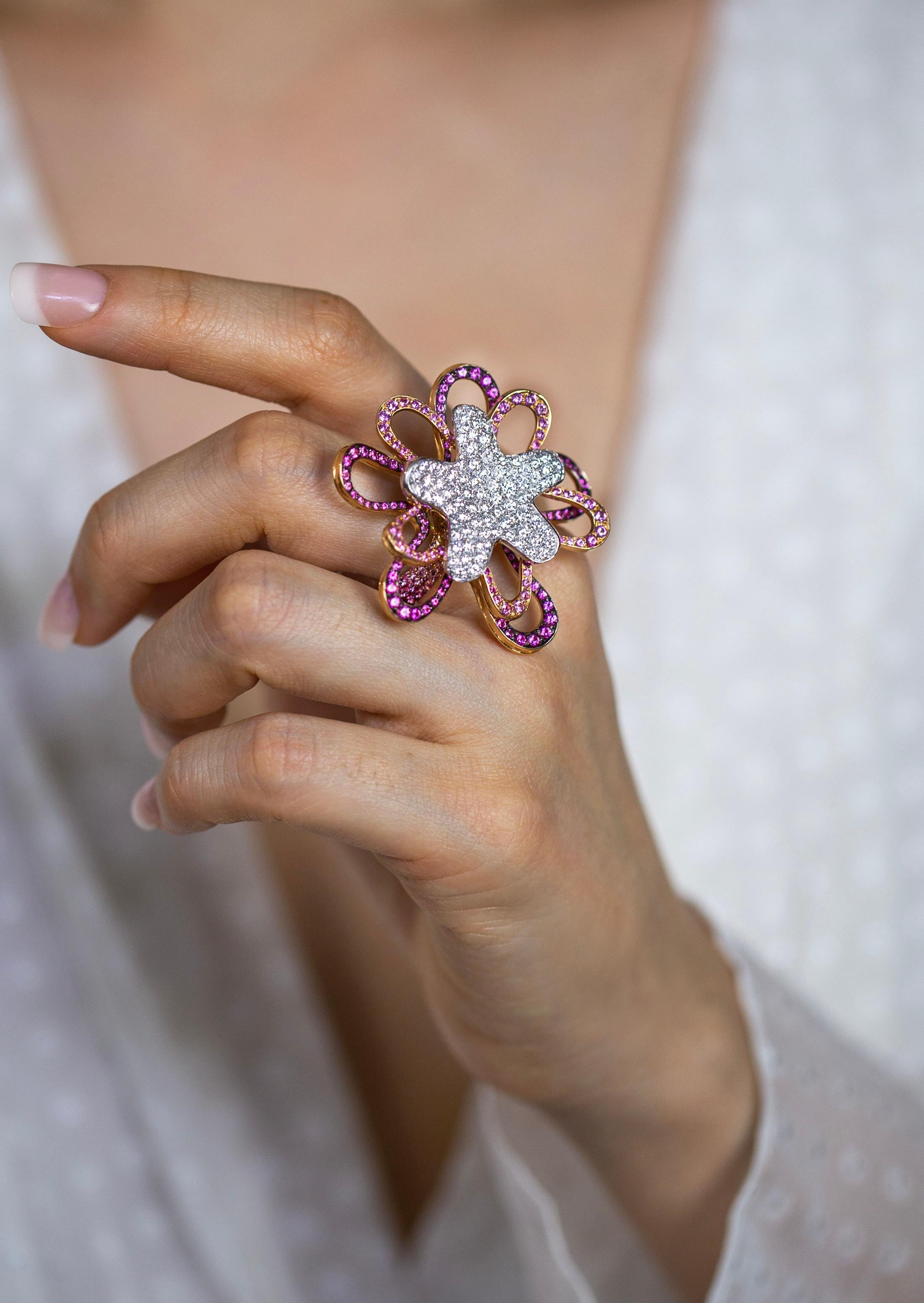 Palmiero Jewellery Design 8.17 Carat Total Pink Sapphire & Diamond Fashion Ring For Sale 2