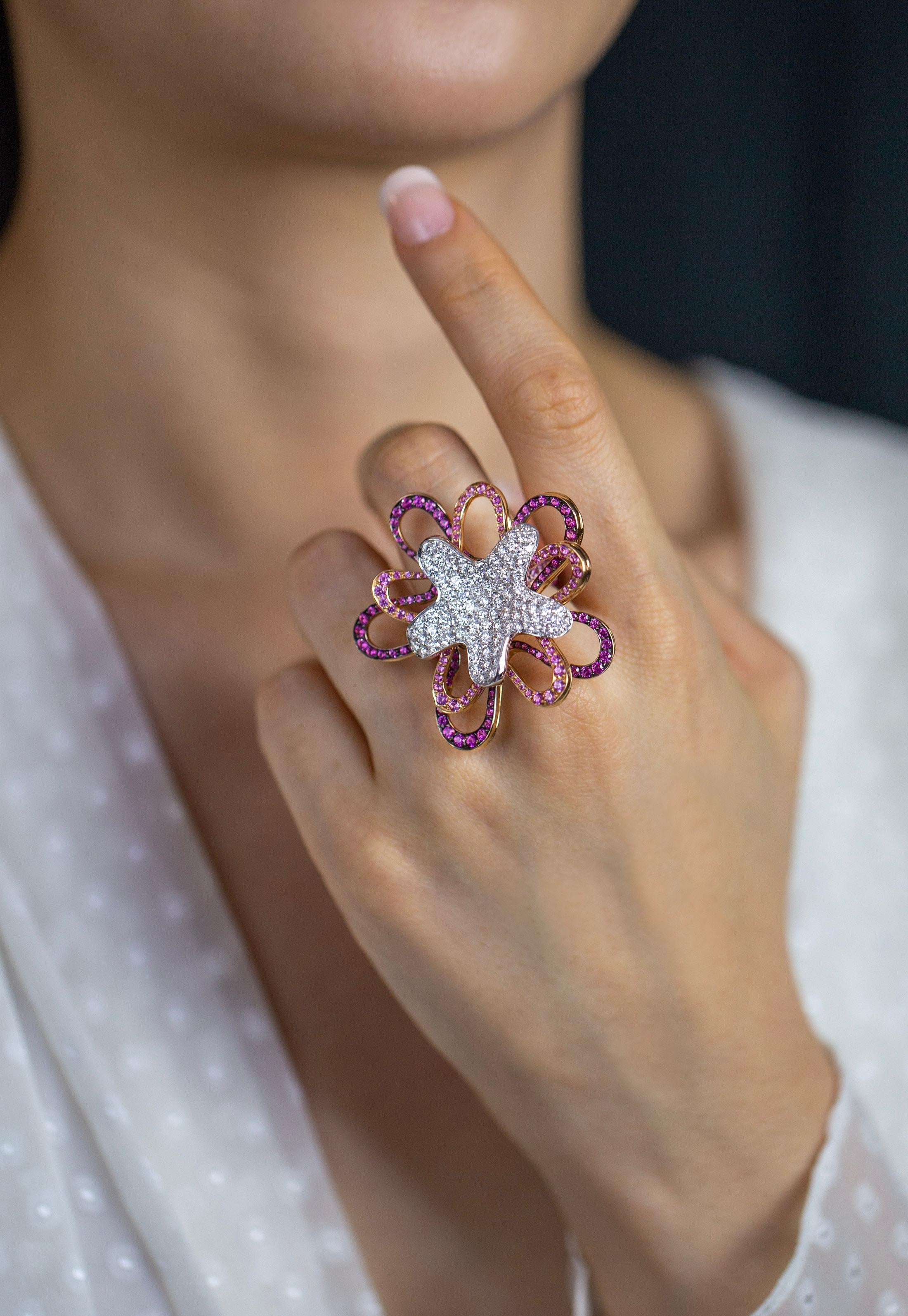 Palmiero Jewellery Design 8.17 Carat Total Pink Sapphire & Diamond Fashion Ring For Sale 5
