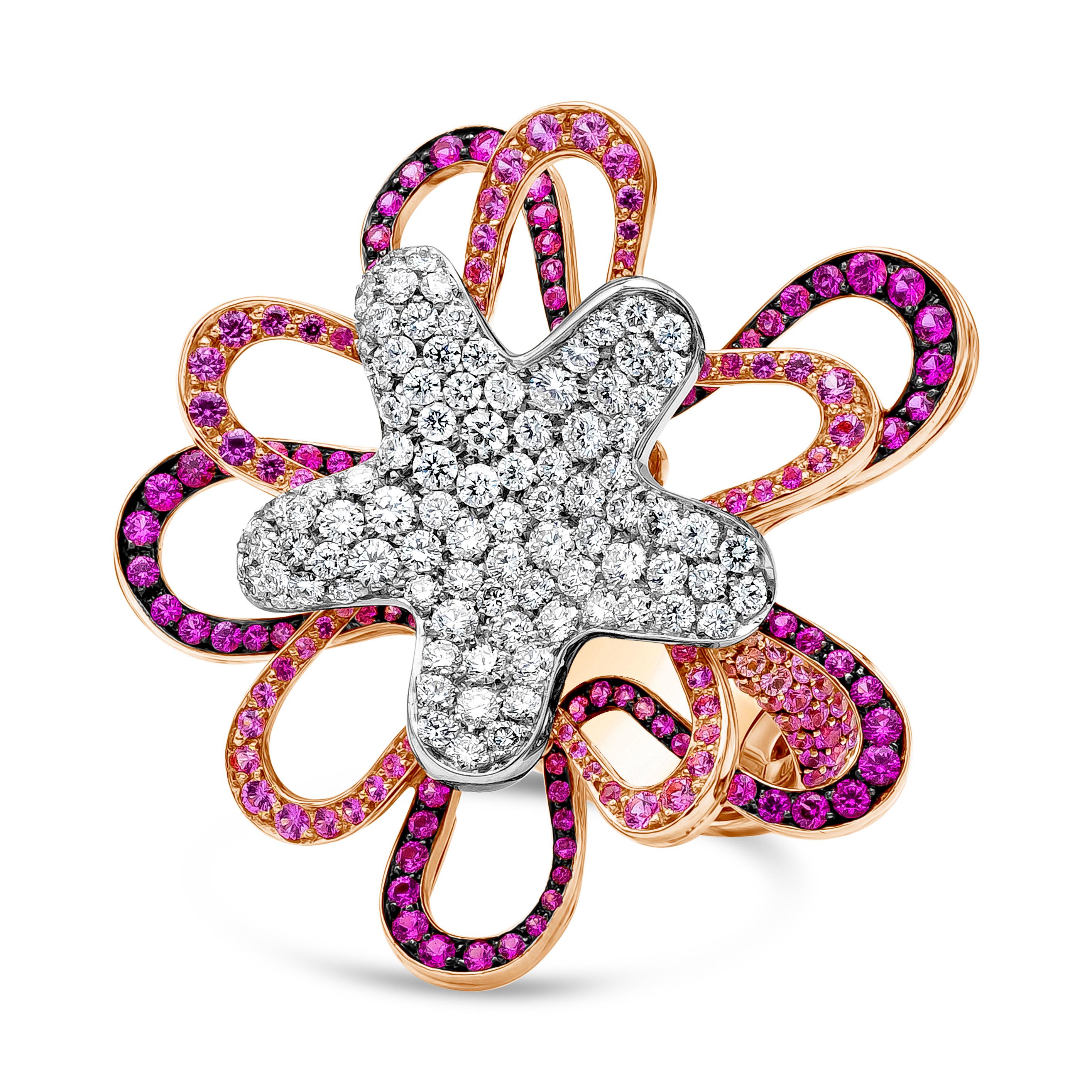 An exquisite and elegant open work fashion ring in flower motif featuring purplish-pink sapphire weighing 4.94 carats set in a 18K Rose Gold setting. On the center of the piece are brilliant round white diamonds weighing 3.23 carats, F Color and VS