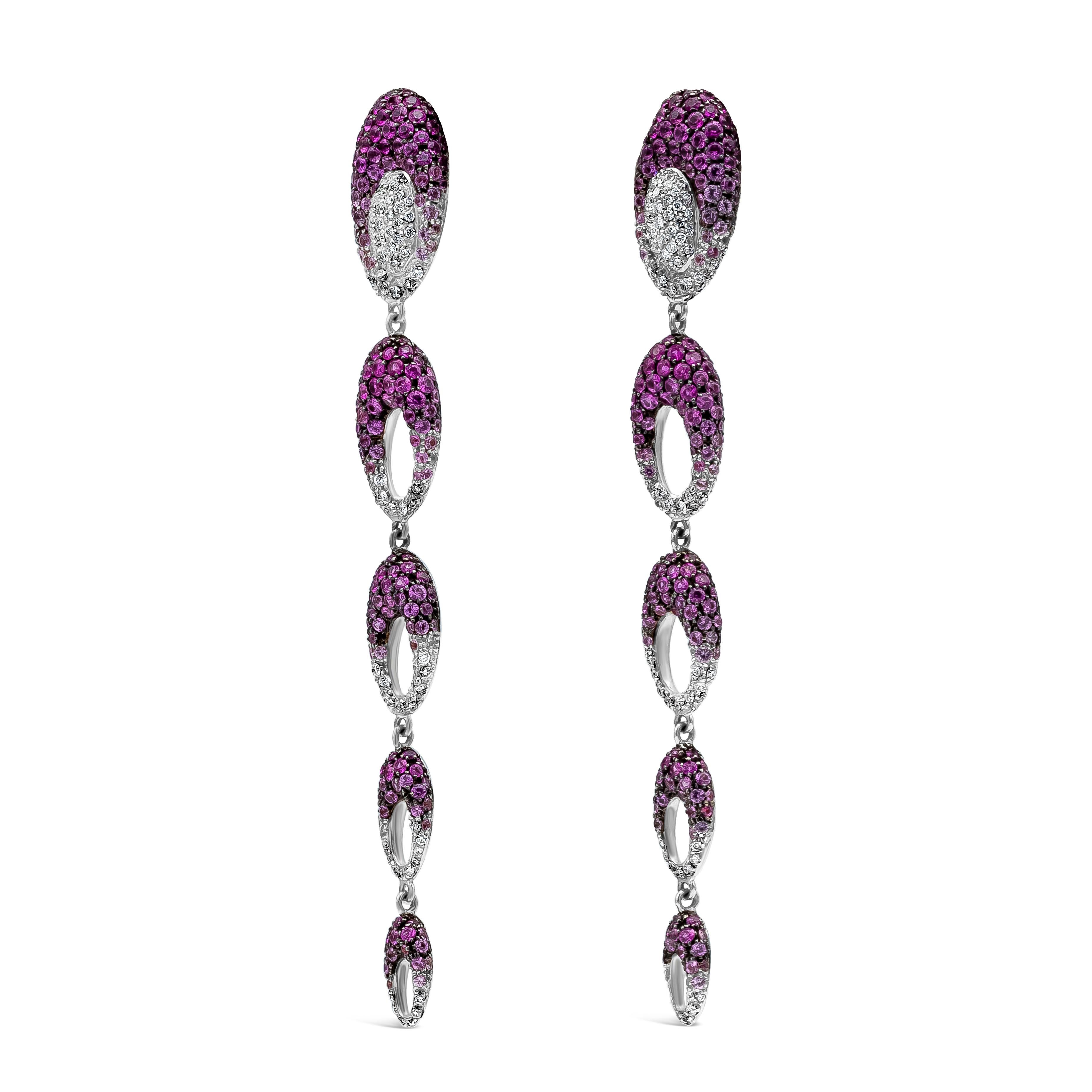 Ein exquisites und elegantes Paar modischer Tropfenohrringe mit einem purpurrosa Saphir von insgesamt 8,83 Karat und runden weißen Diamanten von 4,01 Karat, Farbe F und Reinheit VS. Mit fünf durchbrochenen Kreisen in einem schönen Ombre von Saphir