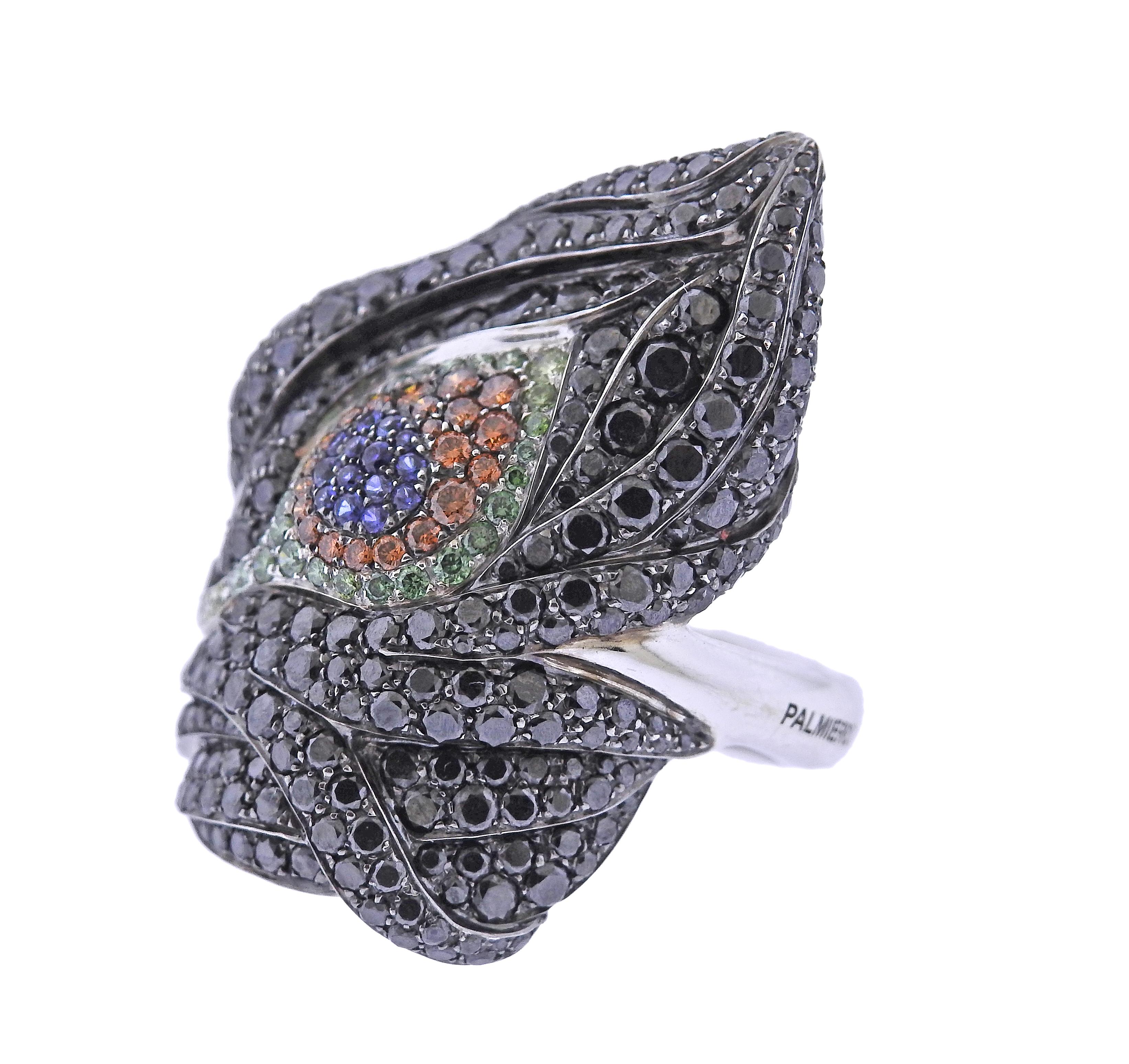 Impressive 18k gold cocktail ring by Palmiero, featuring a peacock feather, set with black & white diamonds, as well as multi color sapphires in the center. Ring size - 7.25, ring top - 35mm wide. Marked Palmiero, 750. Weight - 20.6 grams. 
