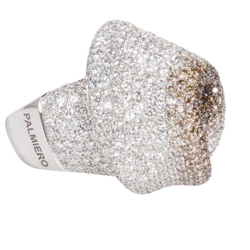 Round Cut Palmiero Pave White and Brown Diamond Swirl Fashion Ring in 18KT Gold 9.67 Carat